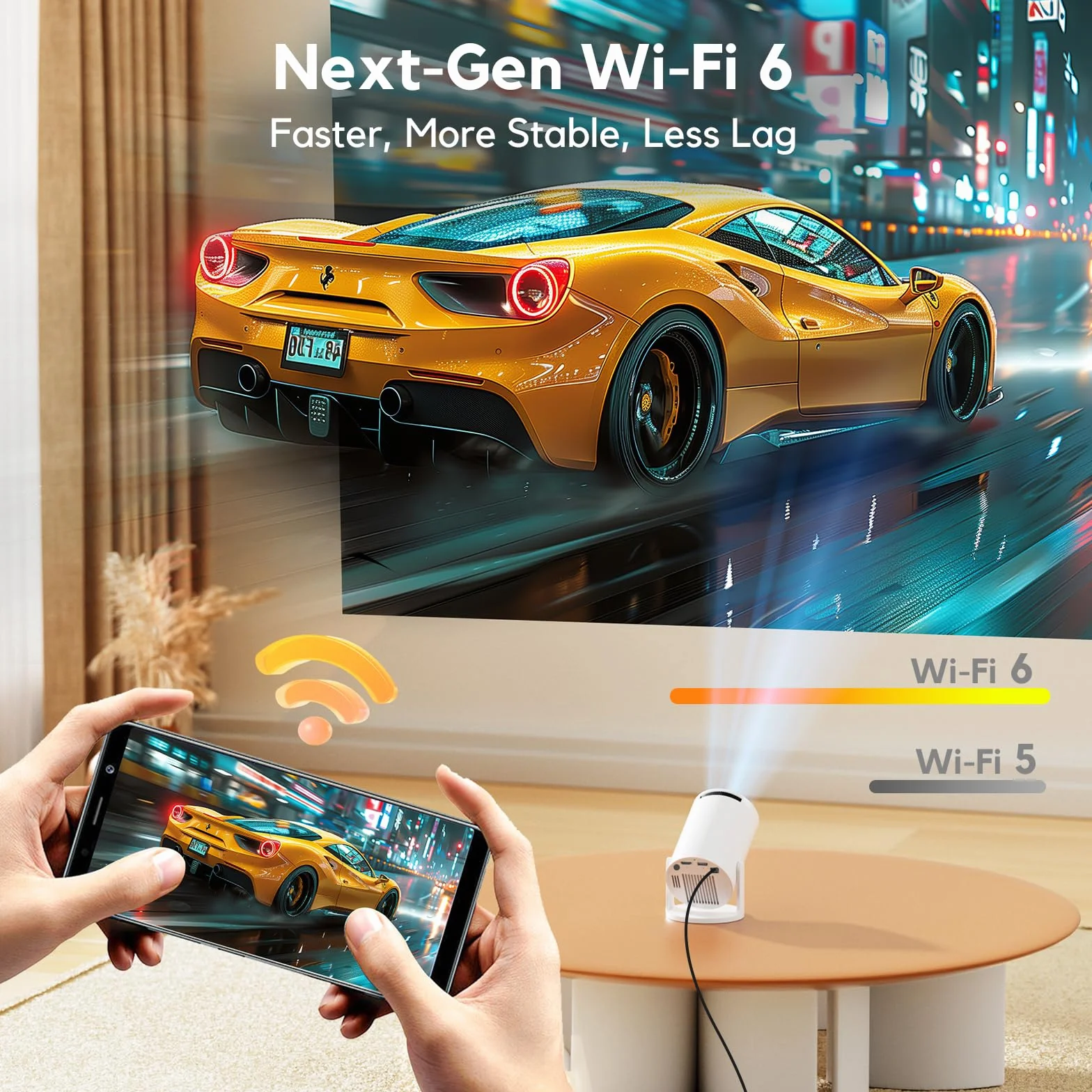 Mini Projektor [Wbudowane Aplikacje] AKIYO O2 projektor o jasności 18 000 luksów z WiFi6 i BT5.4, obsługujący rozdzielczość 1080P, automatyczny keystone, obrót o 180°, kompatybilny z HDMI/USB/Laptopem