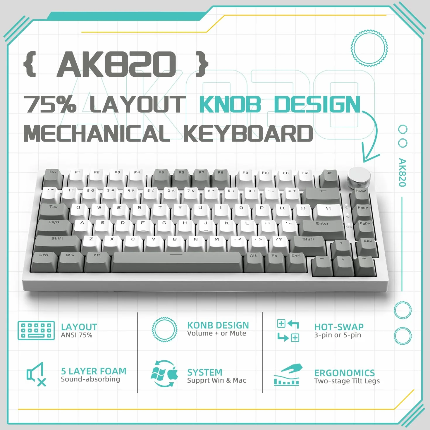 Ajazz AK820 Klawiatura Mechaniczna 75% 81 Keys Przewodowa Hot-swap Przełącznik Liniowy Białe Światło Szary Biały