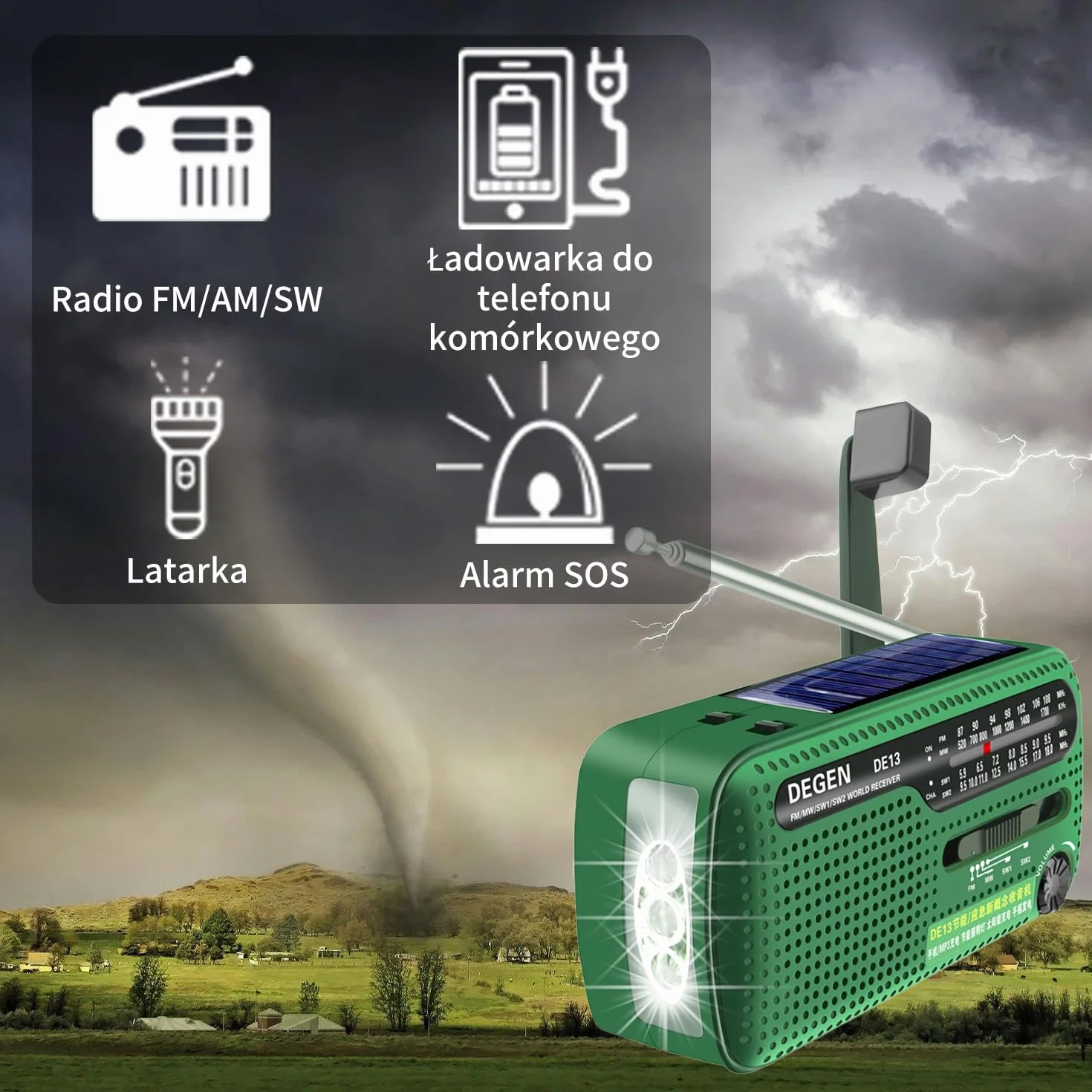 DEGEN DE13 Wind Up Radio korbowe solarne FM AM SW awaryjne radio pogodowe latarka SOS alarm ładowalny telefon komórkowy do użytku awaryjnego i na zewnątrz zielony