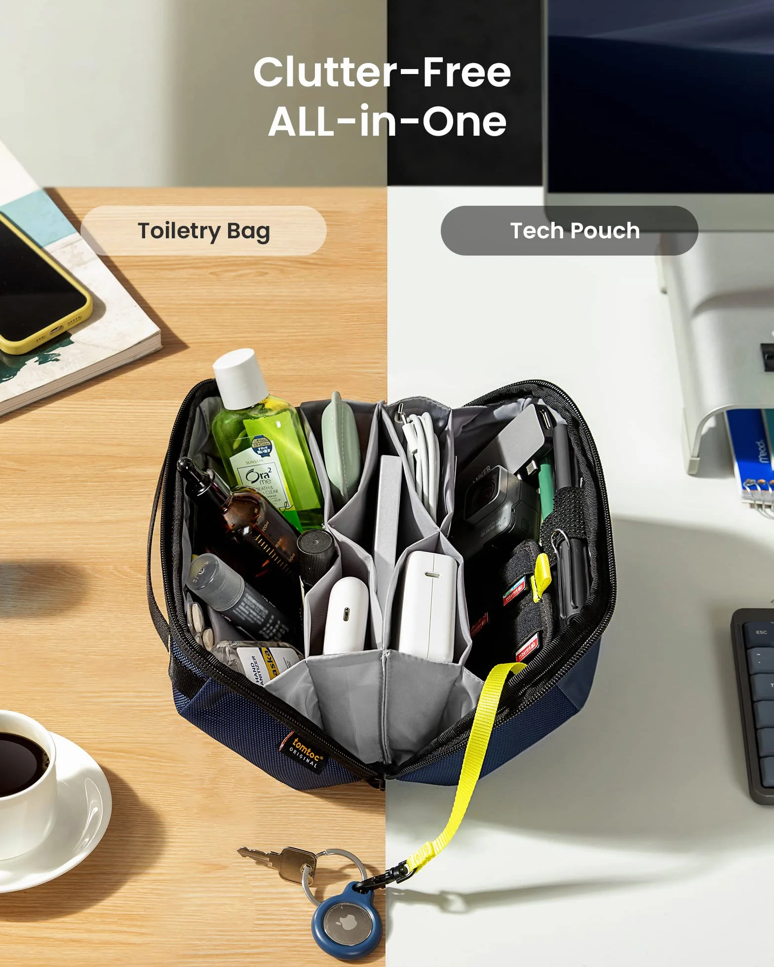 tomtoc Elektroniczny organizer na akcesoria, etui na MacBooka, ładowarkę, kable podróżne, powerbank, dysk twardy, wodoodporna torba z wyjmowanymi przegródkami na karty, na adapter USB, kartę pamięci, Ciemnoniebieski, 2.4L