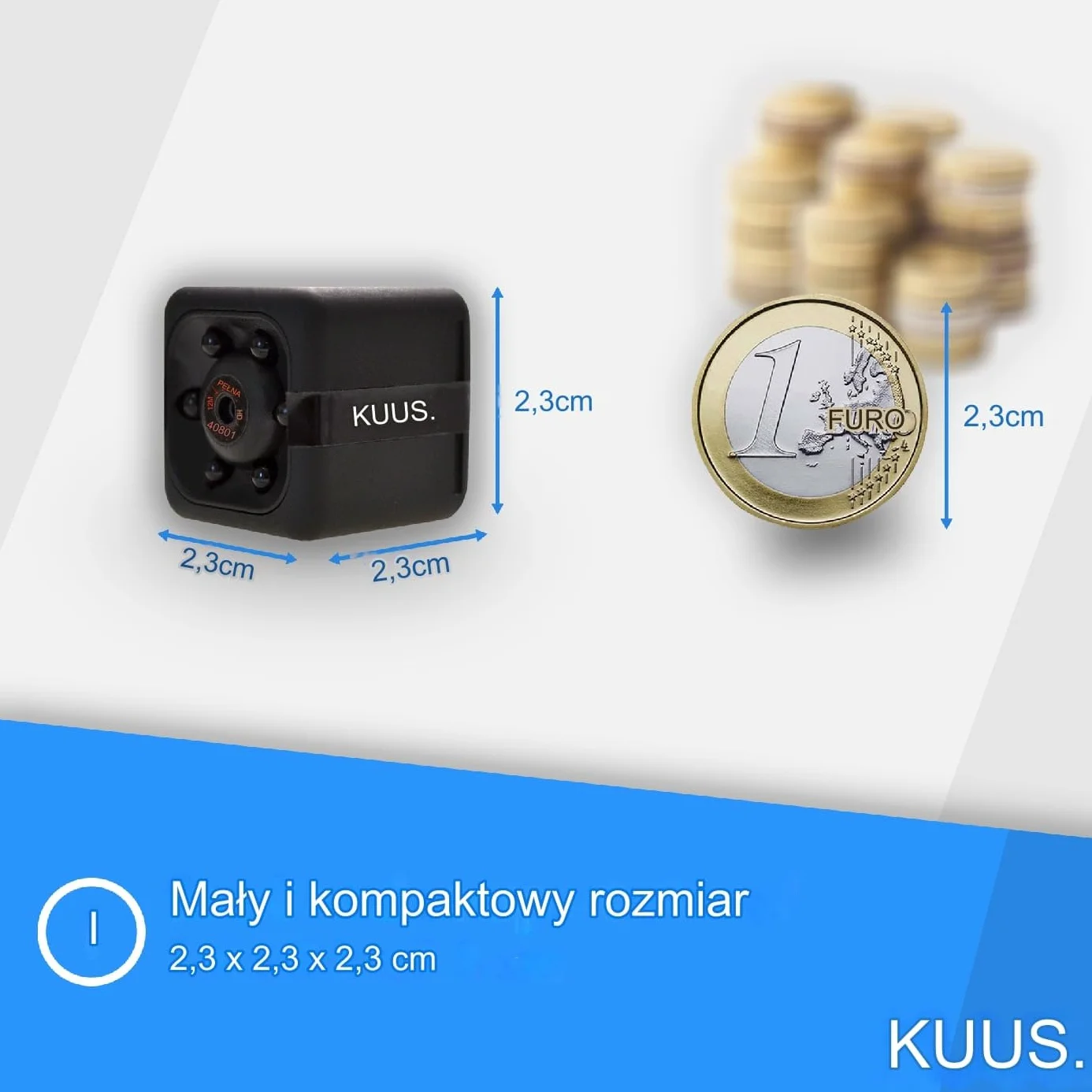 KUUS.® C1 Mini kamera szpiegowska 2,3 cm | Kamery audio i wideo | Ukryta kamera z kartą pamięci 32 GB | Mikro kamera szpiegowska bez WLAN | Tajne wnętrze | Wykrywanie ruchu | Noktowizor
