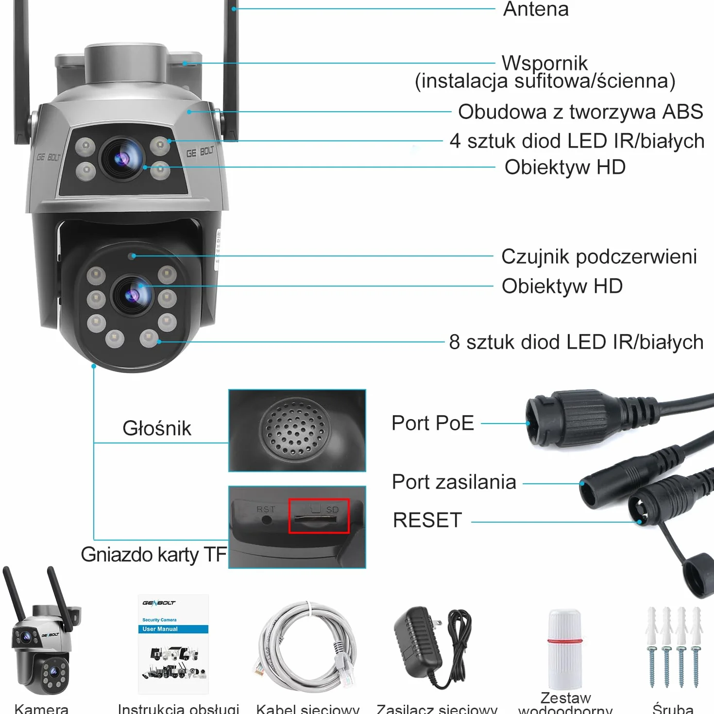 GENBOLT Kamera WiFi Zewnętrzna z Podwójnym Obiektywem, 2,4 i 5 GHz Przewodowa Kamera IP CCTV z Funkcją Color Night, Wykrywaniem Humanoidów, Automatycznym śledzeniem [Nagrywanie 24/7]