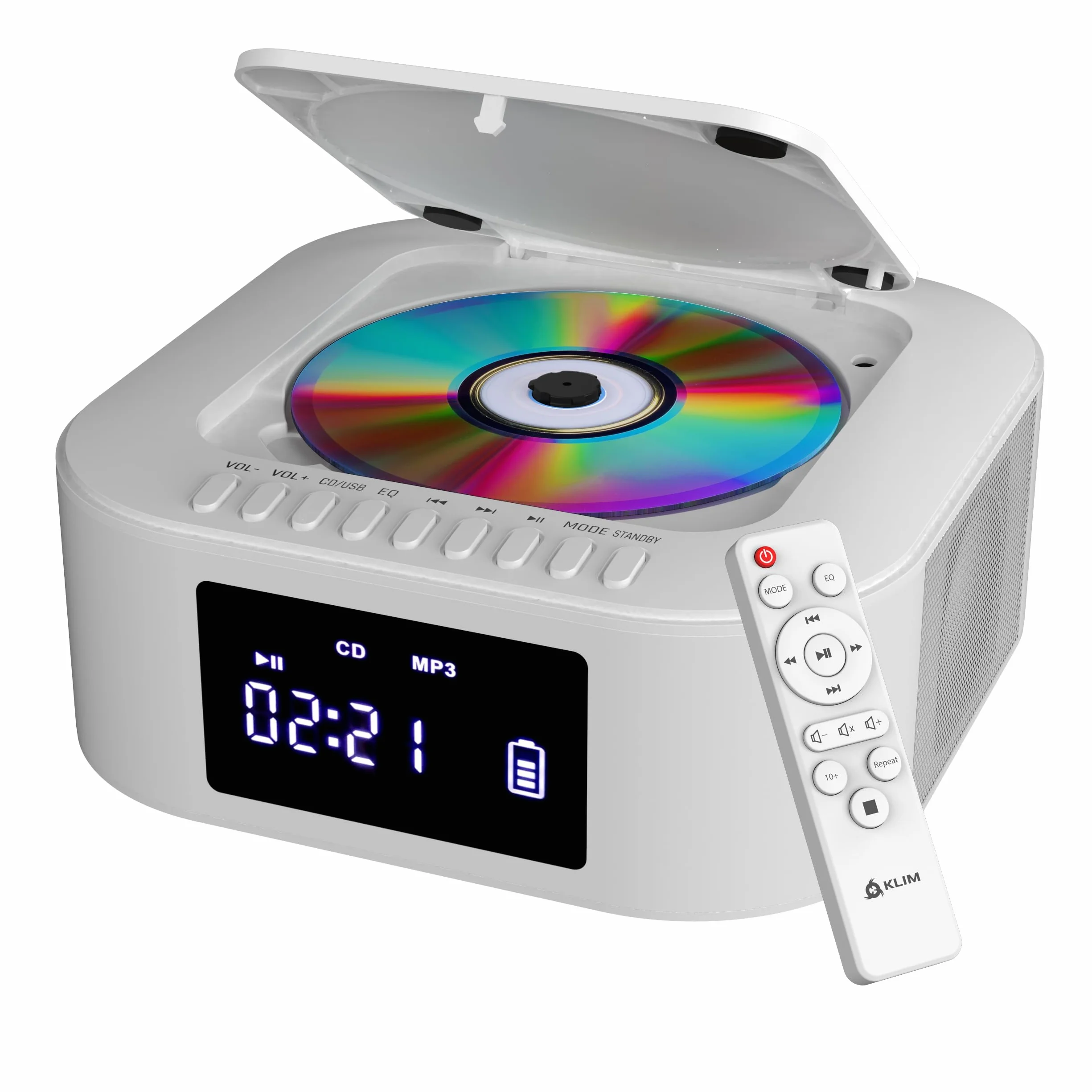 KLIM Odtwarzacz CD stereo Boombox E1, BASS Boost z subwooferem, radio FM z odtwarzaczem CD i USB, Bluetooth, AUX, domowy zestaw stereo, przewodowy lub bezprzewodowy, akumulator, pilot zdalnego