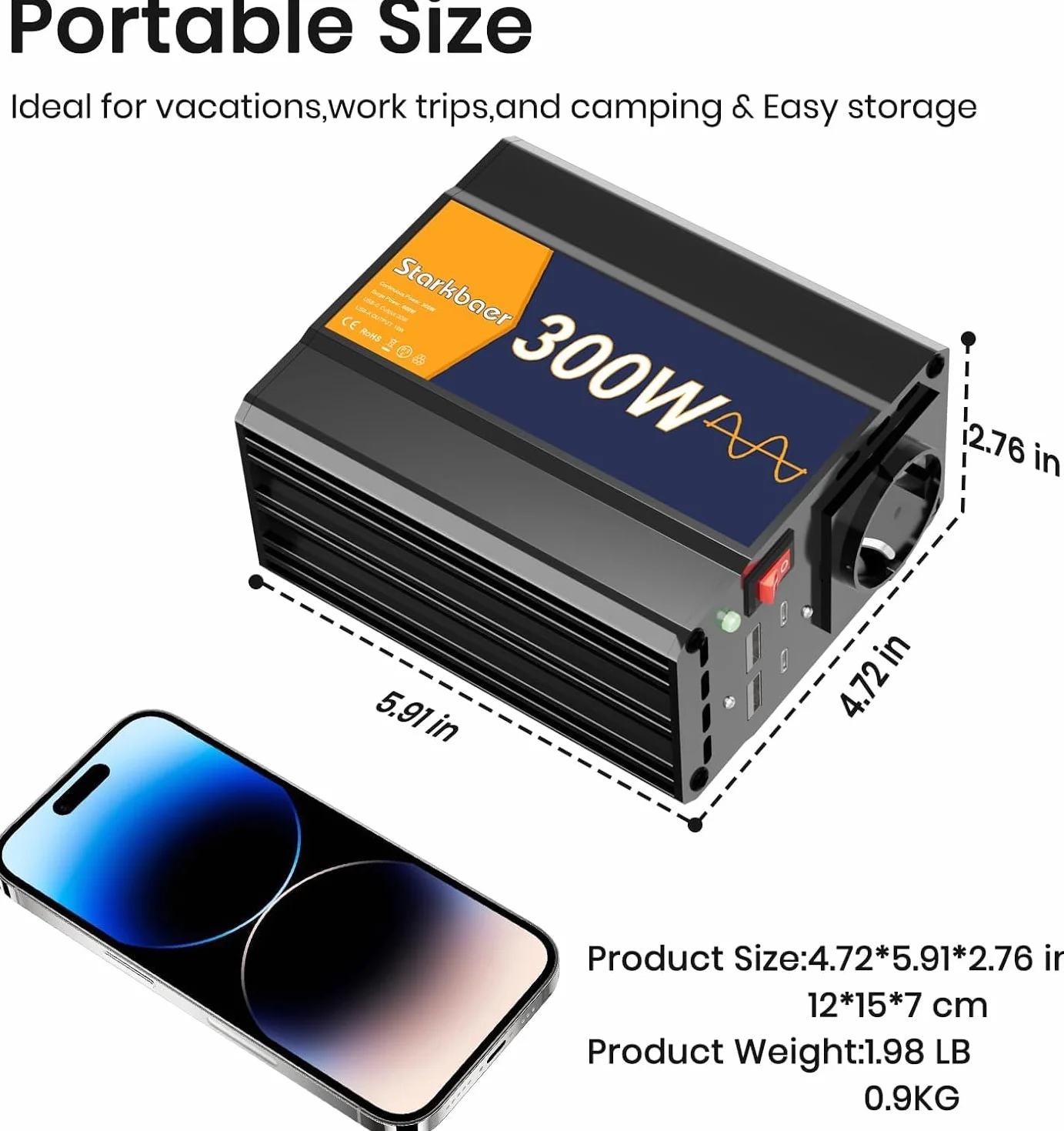 Przetwornica napięcia 300 W/600 W, czysta sinusoidalna 12 V na 230 V, falownik samochodowy Pure sine, 4 x USB i 1 x AC gniazdo wtykowe przetwornik prądu. Wtyczka do zapalniczki samochodowej