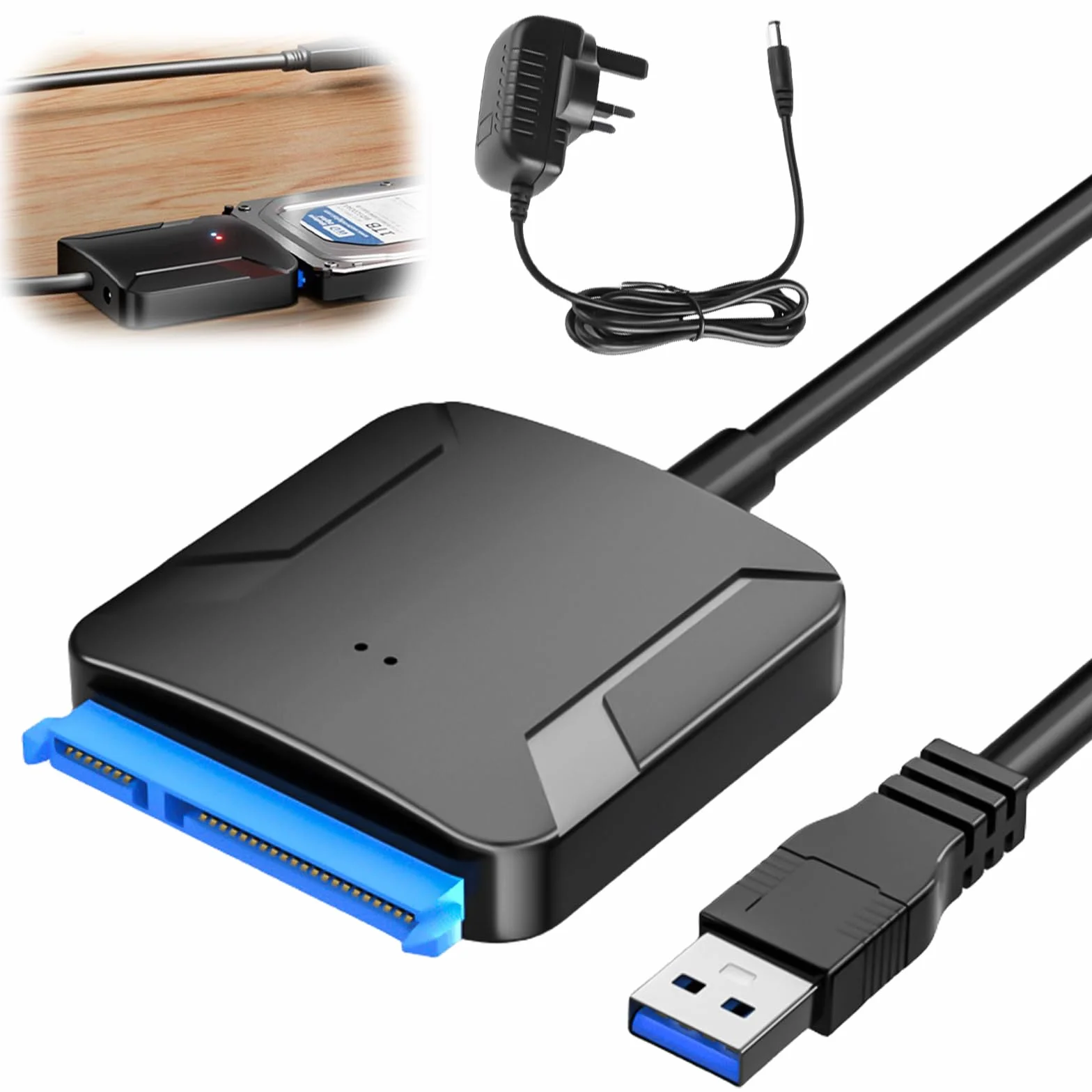 Leikurvo Adapter USB 3.0 na SATA, USB 3.0 na SATA III adapter dysku twardego z adapterem sieciowym 12 V/2 A do dysków twardych 2,5 cala / 3,5 cala HDD/SSD