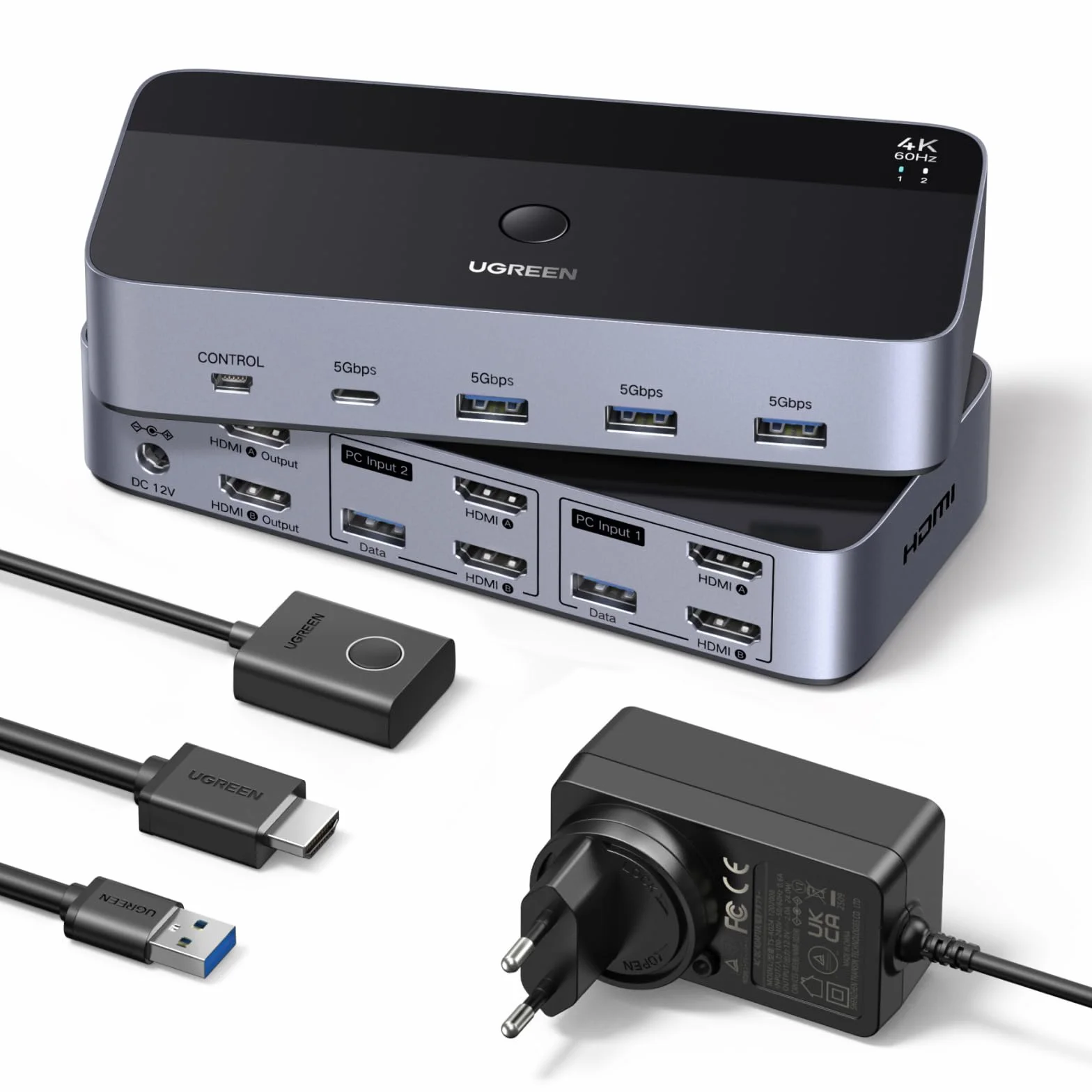 UGREEN HDMI 2.0 KVM Switch 2 PC 2 monitory 4K60Hz przełączanie klawiatury i kontrolera pulpitu 4 porty USB 3.0 kompatybilne z Windows/Linux/macOS itp.