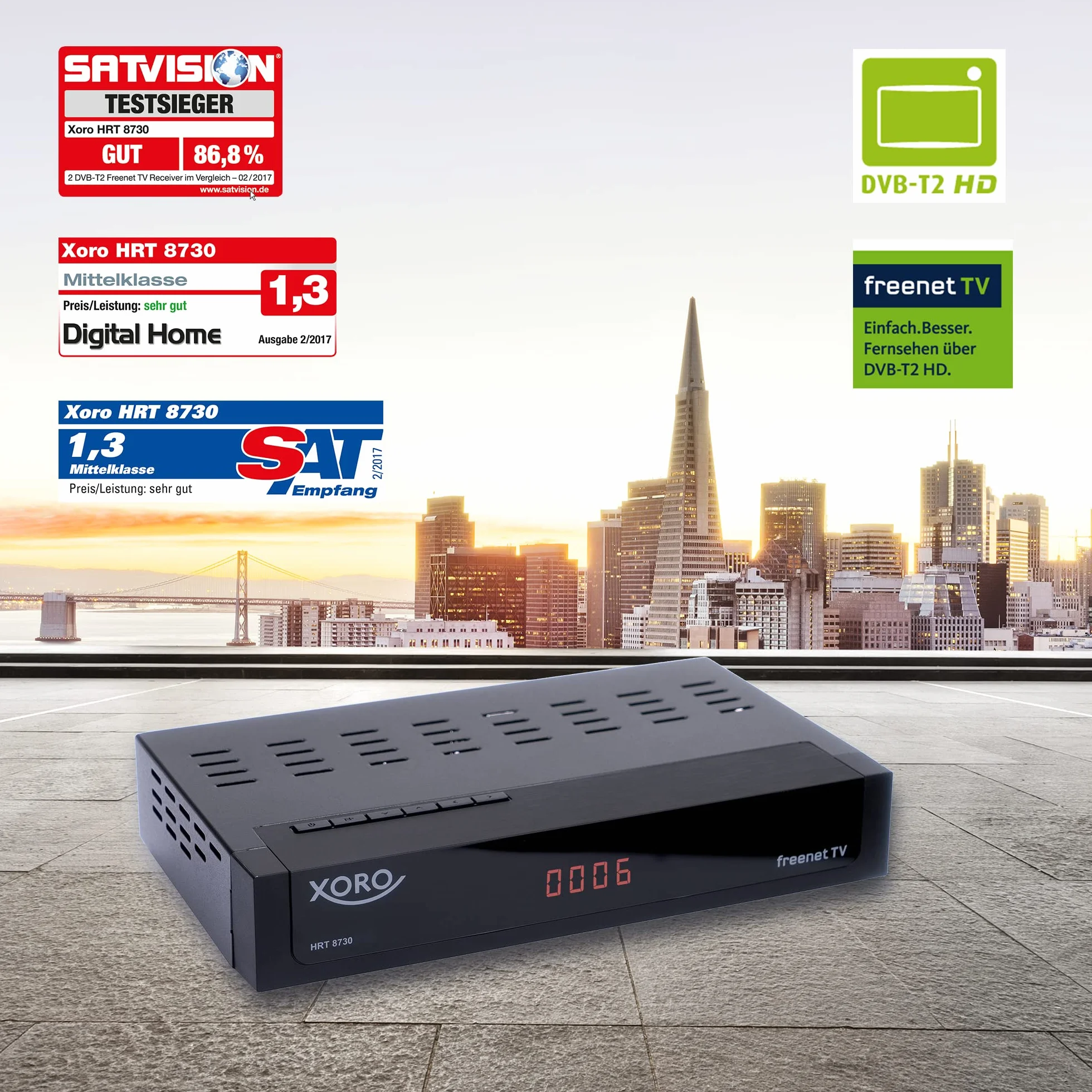 XORO Odbiornik DVB-C/T2 Combo HRT 8730 Hybrid z odtwarzaczem multimedialnym USB, PVR Ready, Timeshift, wbudowanym systemem dostępu Irdeto do Freenet TV i 6 miesięcy