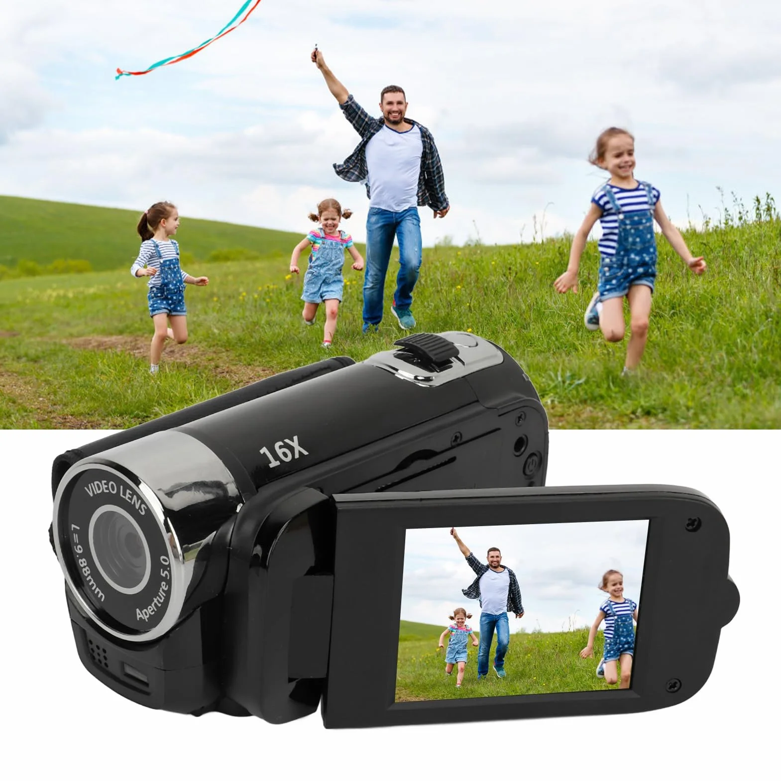 Kamera Wideo Kamera Cyfrowa 1080P 16 MP Kamera z Obrotowym Ekranem 2,4 Cala Kamera z 16-krotnym Zoomem Cyfrowym i światłem Wypełniającym (BLACK)