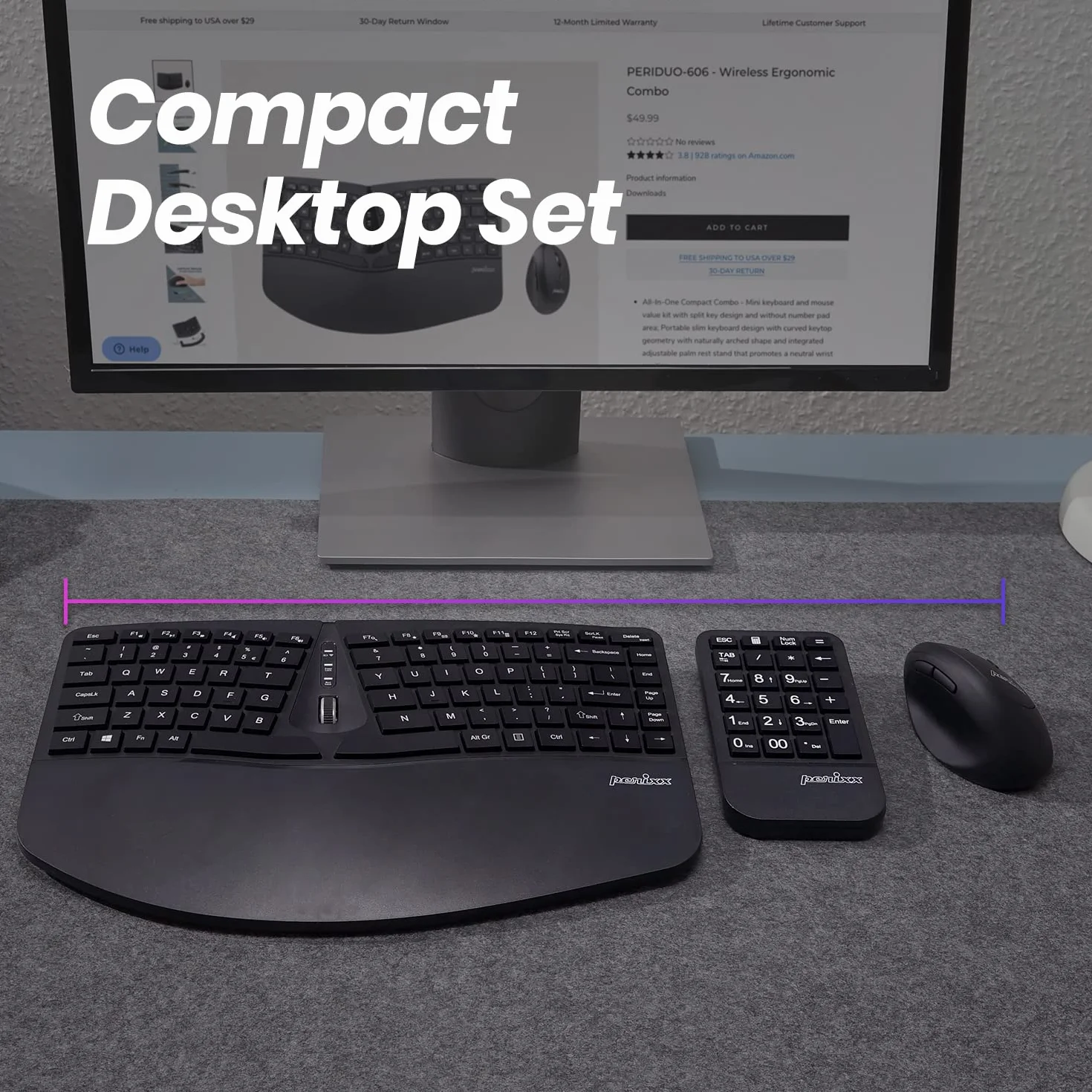 Perixx PERIDUO-606A, 3-in-1 Wireless Compact Ergonomiczna klawiatura z pionową klawiaturą myszy i numeryczną - Regulowany odpoczynek dłoni - Tilt Wheel - Membrane Low Profile Keys - US English Layout