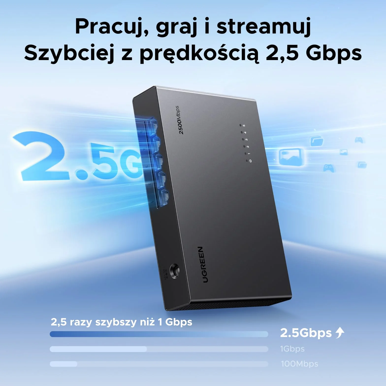 UGREEN Przełącznik LAN 2.5G z 5 portami 2.5G, niezarządzany przełącznik sieciowy do komputerów, serwerów NAS, serwerów, punktów dostępowych WiFi 6