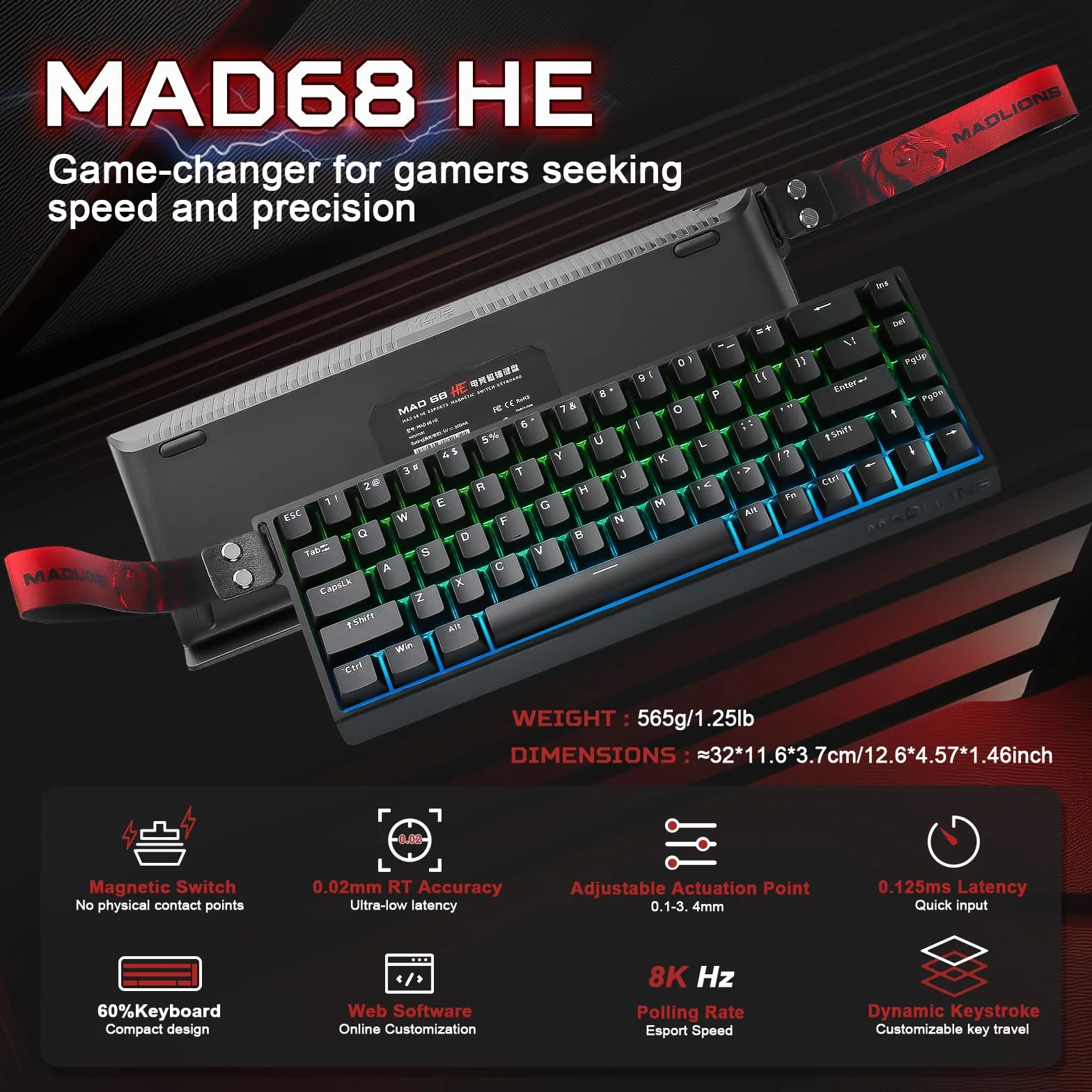 YUNZII x MADLIONS MAD68 HE Rapid Trigger Przewodowa Magnetyczna Mechaniczna Klawiatura Gamingowa 60% z Przełącznikami Hall Effect o Regulowanej Aktywacji, PBT Keycaps RGB Hot-Swap