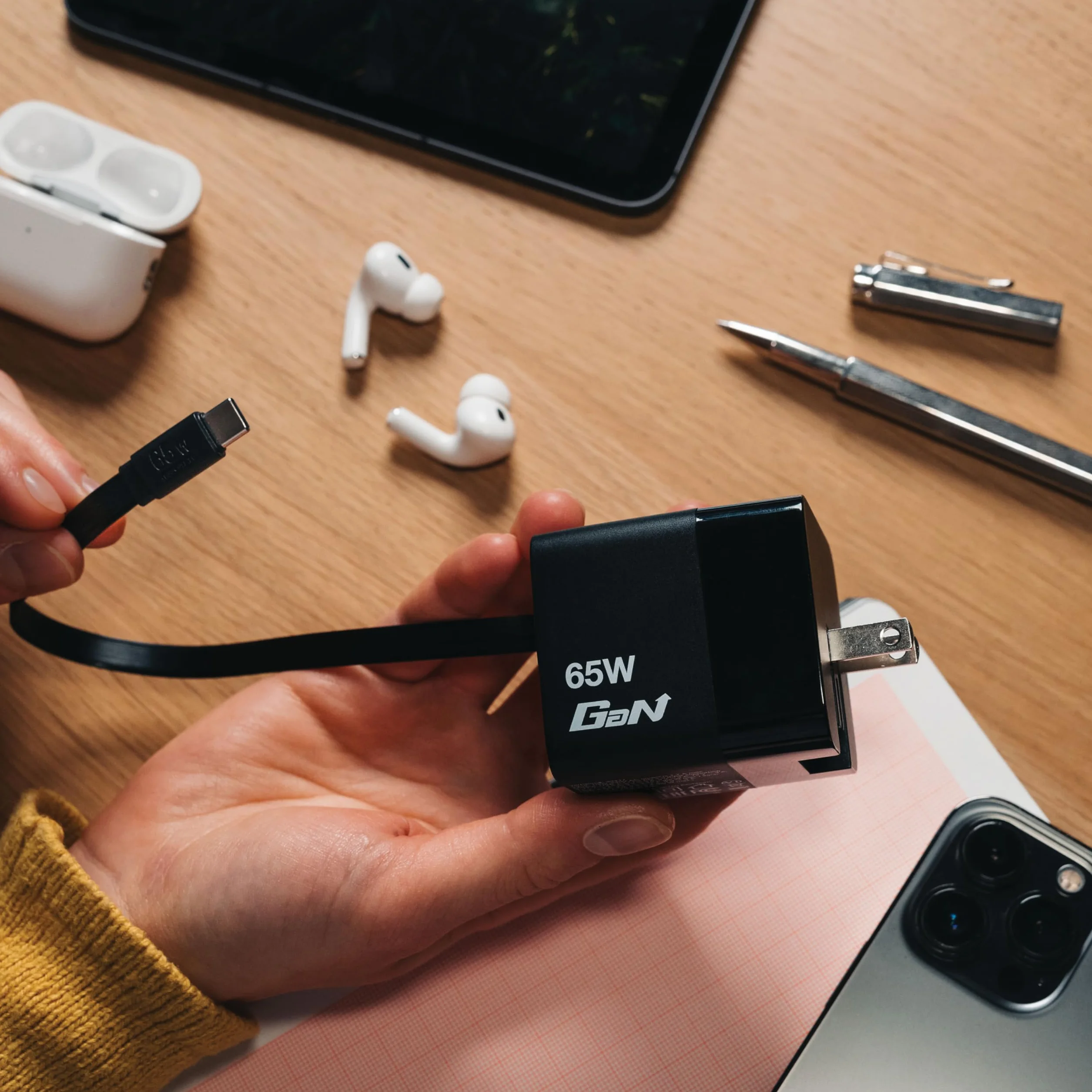 Verbatim GaN Charger 65 W Ładowarka USB-C 2-portowa z Wyciąganym Kablem USB-C i USB-A