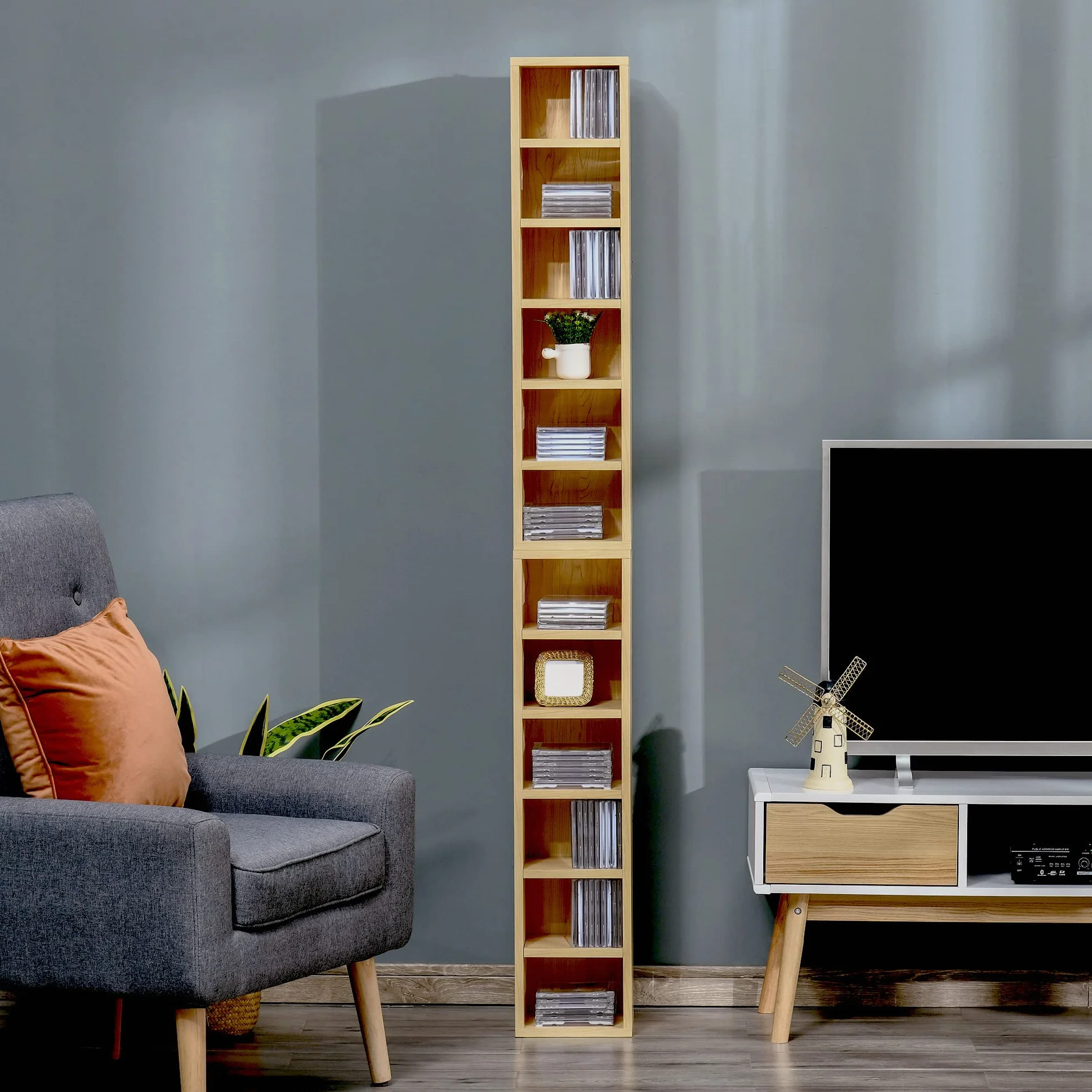 HOMCOM Zestaw 2 regałów kolumnowych, szafka na płyty CD DVD, 6+6 przegródek, 21x19x88 cm, maks. 160 płyt CD, kolor buk