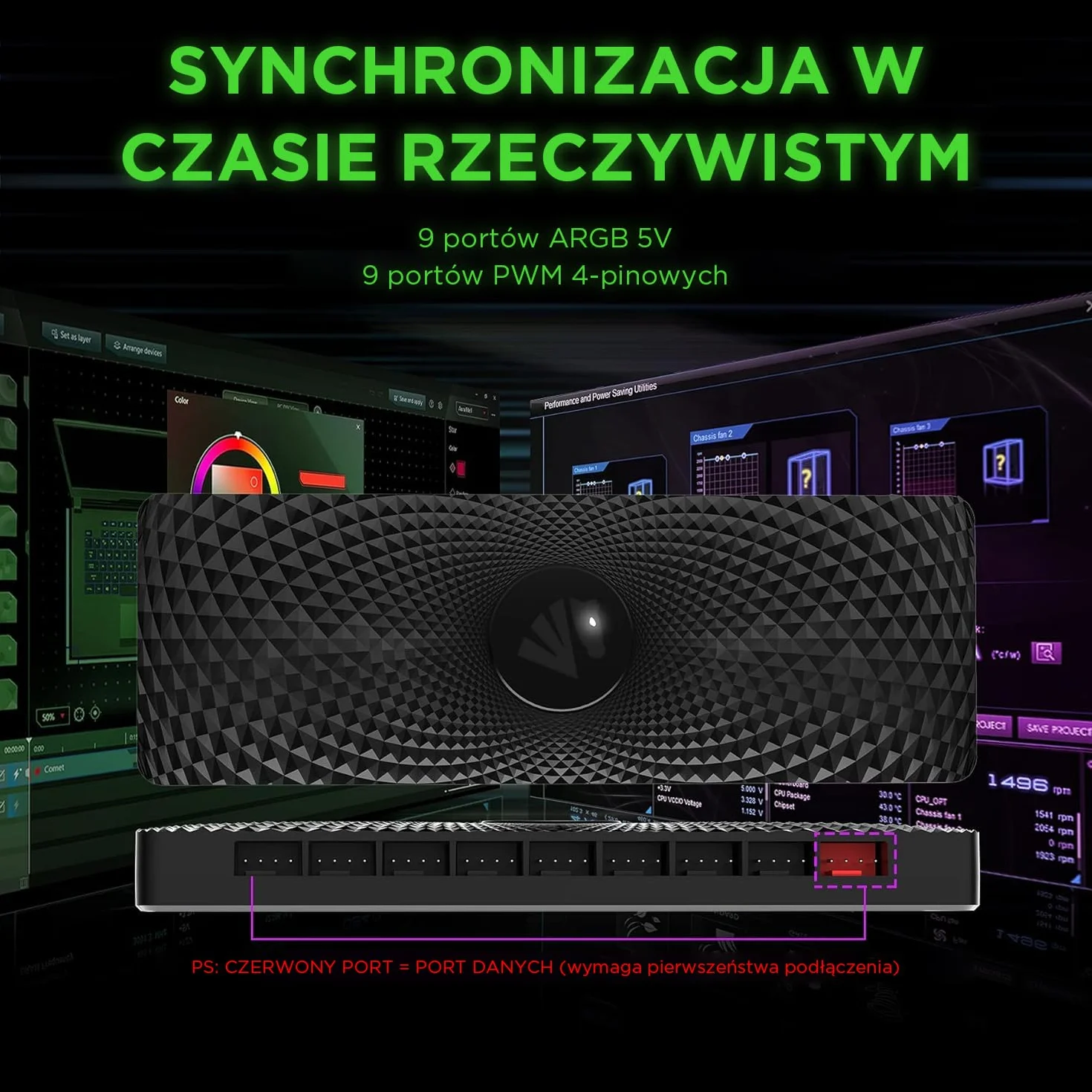 AsiaHorse 9-portowy koncentrator wentylatora ARGB/PWM 2 w 1, dystrybutor z zasilaniem SATA, adapter 12V4PIN PWM, 5V3PIN ARGB, koncentrator sterowania płytą główną, zarządzanie kablami