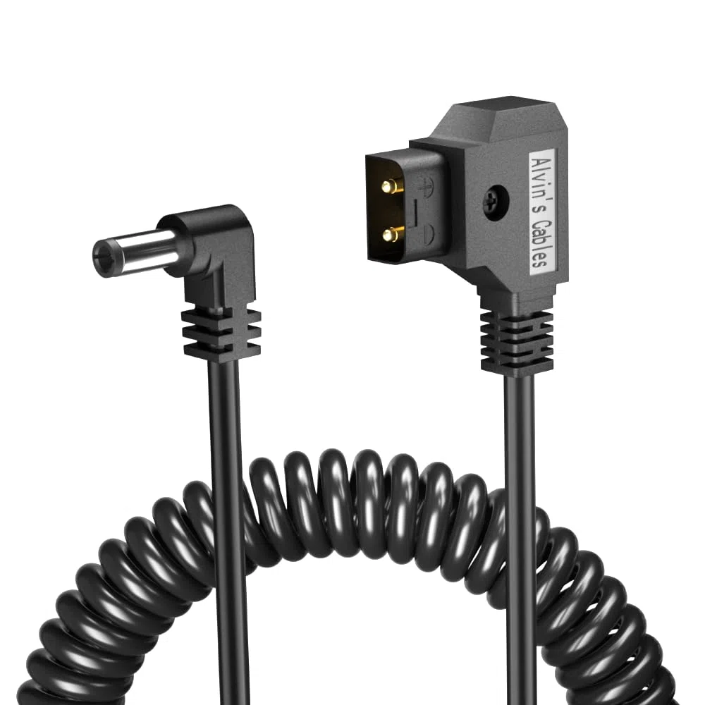 Alvin's Cables D-Tap do DC 12 V kabel zasilający 5,5 mm x 2,1 mm, spiralny kabel DC do Atomos Shogun, SmallHD Indie 7, Blackmagic Video Assist, kątowy