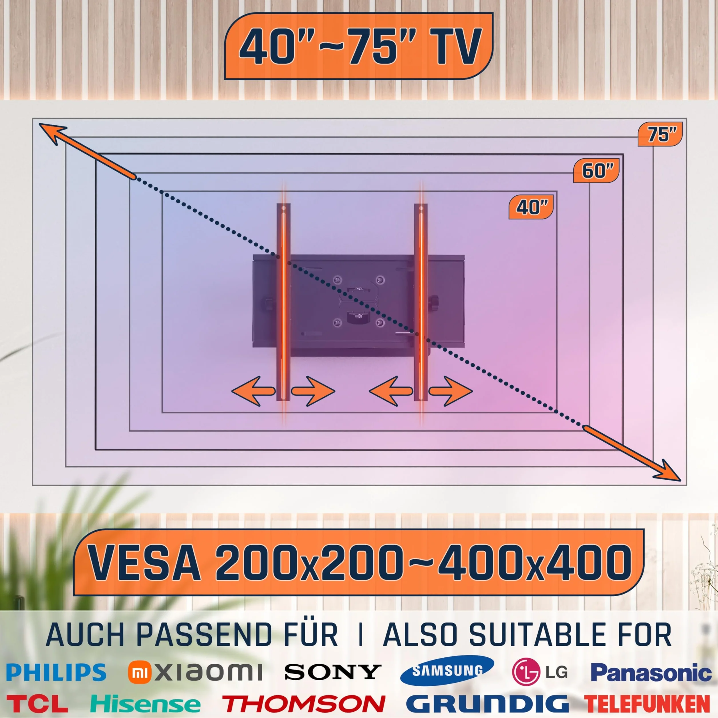 RICOO Uchwyt ścienny do TV obrotowy i pochylany dla telewizorów 40-75 cali uniwersalny uchwyt TV R23-S uchwyt ścienny do telewizora dla telewizorów 55 cali do 95 kg z maks. VESA 400x400 mm