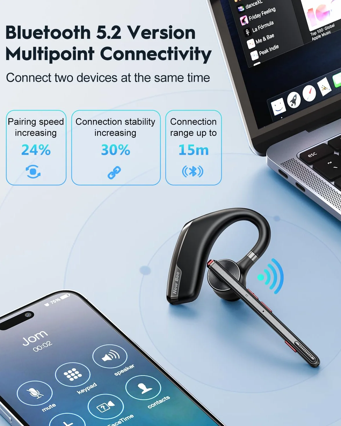 New Bee Zestaw głośnomówiący V5.2 Bluetooth Bezprzewodowy zestaw słuchawkowy z mikrofonem podwójna redukcja szumów Ultralekki dla iOS Android