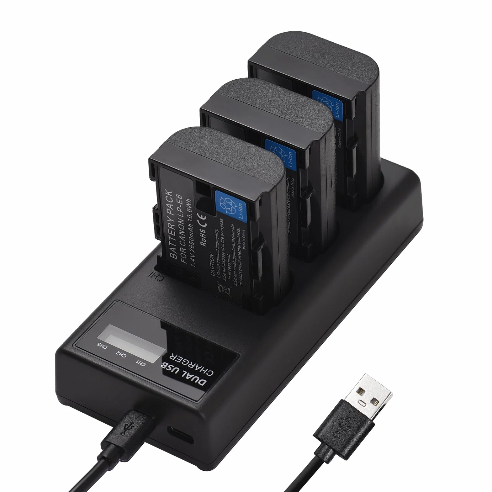 Andoer LP-E6 akumulator zamienny i zestaw ładowarki, ładowarka 3 gniazda + 3 akumulatory LP-E6 2650 mAh kompatybilne z Canon EOS 5D Mark II III IV/5DS/5DS R/6D/6D Mark II/7D Mark II/60D/70D/80D/90D