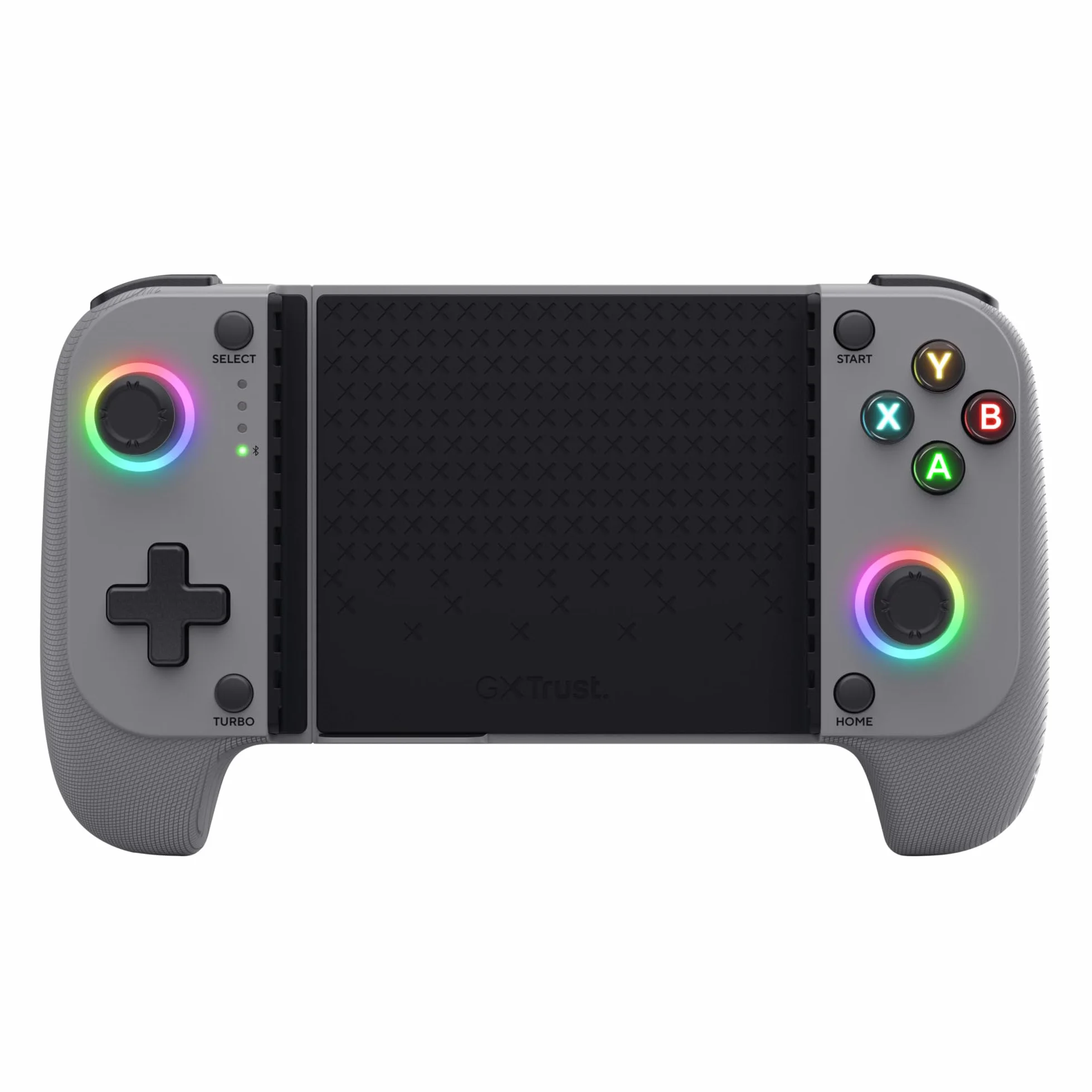 Trust Gaming GXTrust 735G Mylox Kontroler do Gier z Uchwytem na Telefon iPhone Android PS5 Xbox, Akumulator do 12h, Gamepad Bluetooth do Smartfona, Podświetlenie LED RGB, 18 Przycisków, Szary