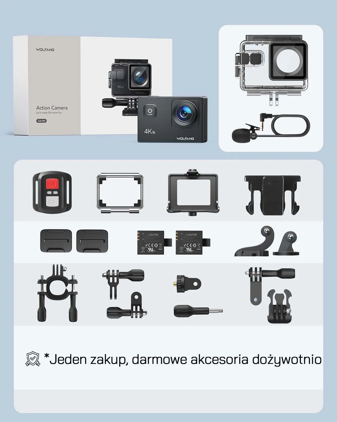 WOLFANG Kamera akcji GA100 4K 30FPS 20MP Kamera podwodna Wodoodporna 40M, kamera wideo WiFi z podwójnym mikrofonem, szeroki kąt 170°, zdalne sterowanie 2.4G, EIS Anti-shake, 2 baterie, różne akcesoria