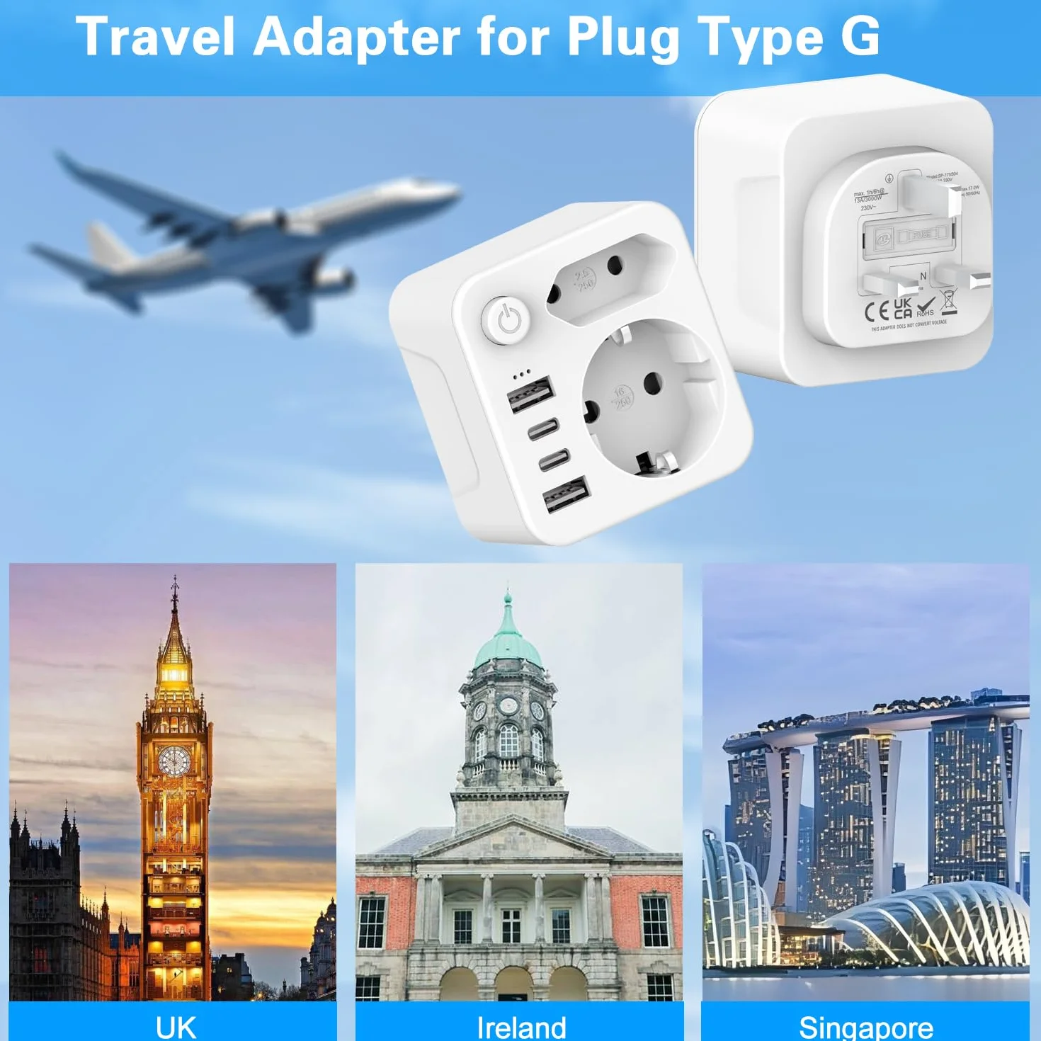 Wtyczka UK z 2 USB i 2 USB C (3,4 A, 17 W), typ G do Anglii, Irlandii, Wielkiej Brytanii, ładowarka