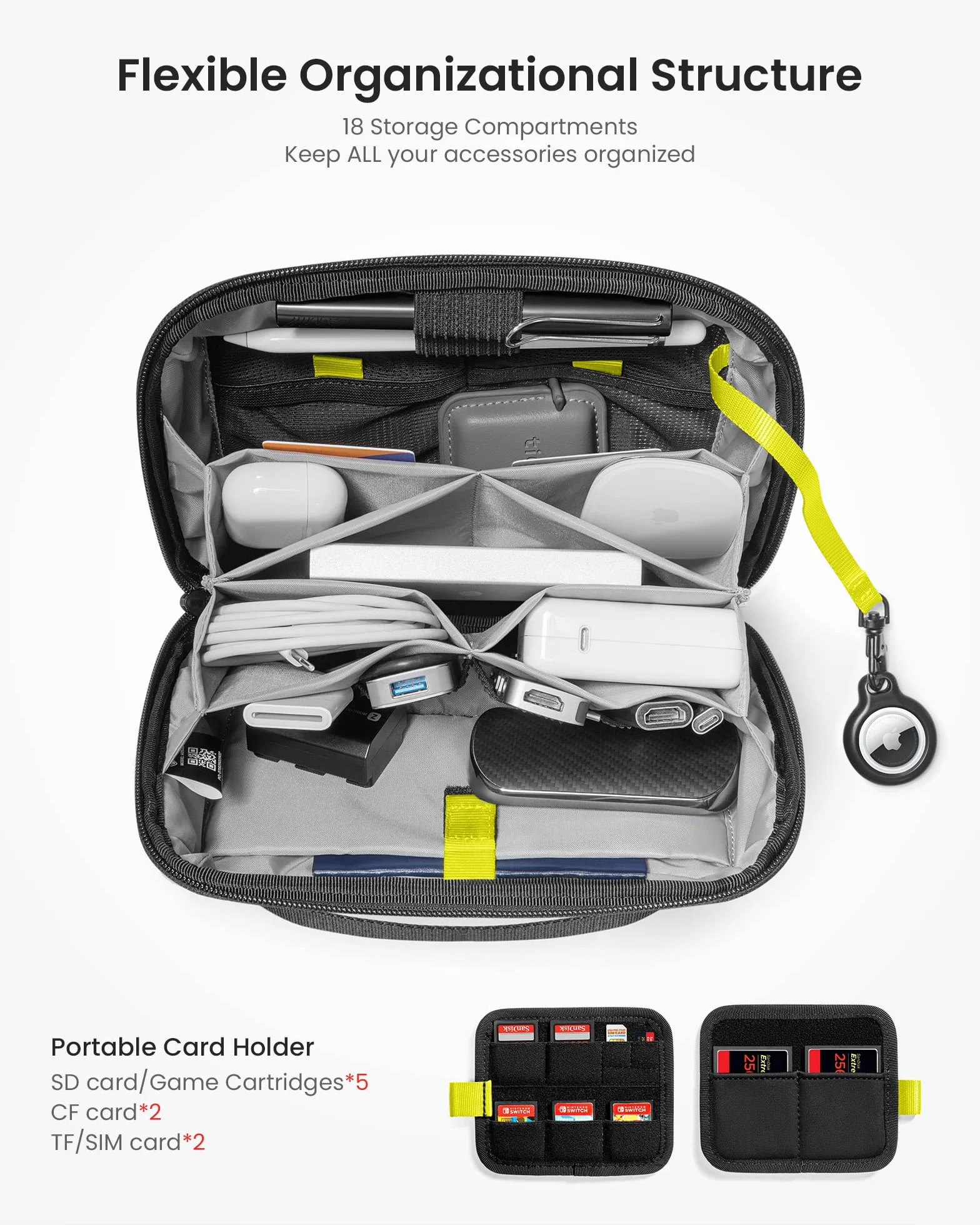 tomtoc Elektroniczny organizer na akcesoria, etui na MacBooka, ładowarkę, kable podróżne, powerbank, dysk twardy, wodoodporna torba z wyjmowanymi przegródkami na karty, na adapter USB, kartę pamięci, Ciemnoniebieski, 2.4L