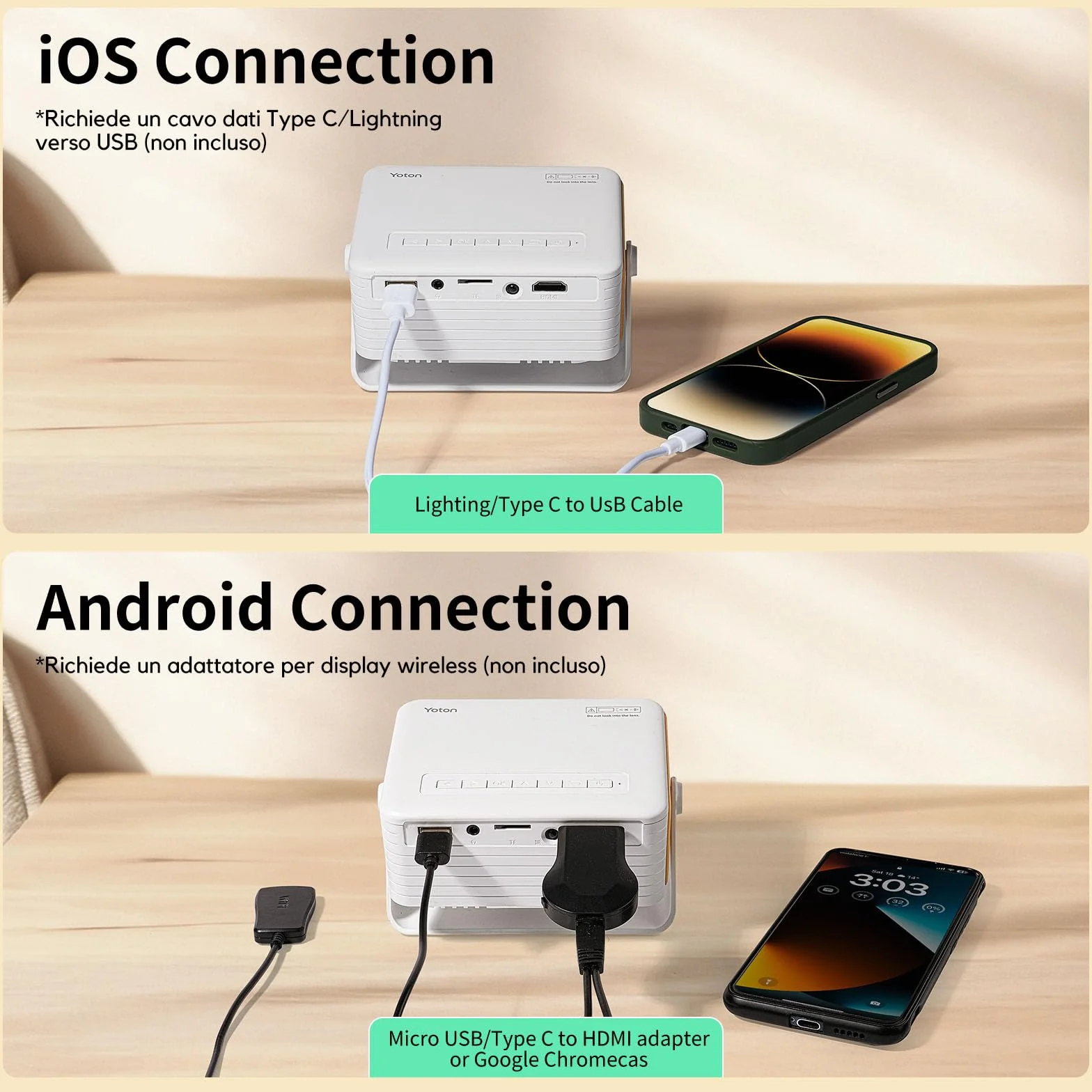 YOTON Mini Projektor - Y3 Przenośny projektor 1080P Full HD, Korekcja tTapezu ±15°, 200 cali, Zoom 25%, Projektor Wideo Kina Domowego kompatybilny z HDMI/USB/iOS/Android/Firestick/PS5