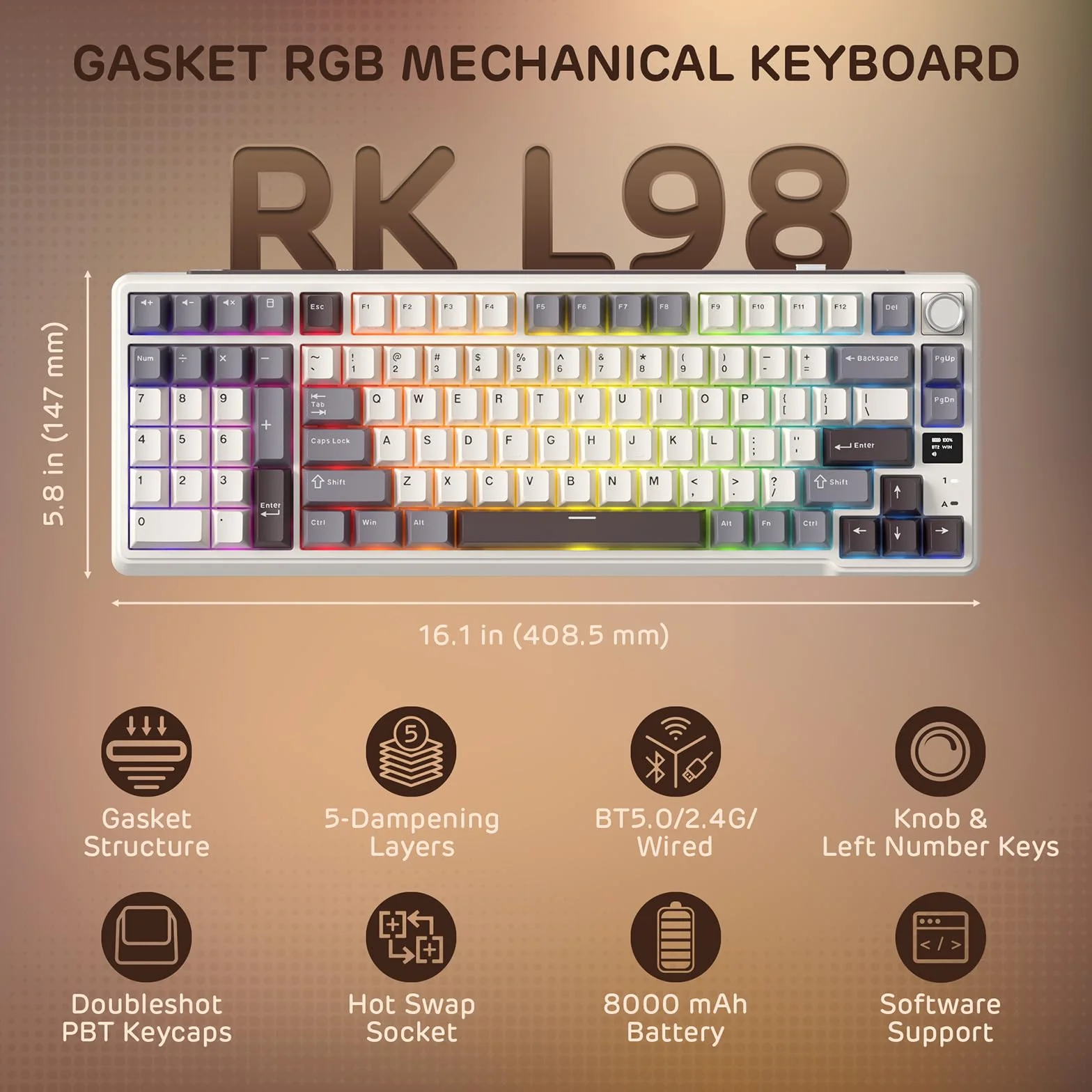 RK ROYAL KLUDGE L98 Montaż na uszczelce klawiatura mechaniczna z ekranem i pokrętłem hot-swap, tryb trójtrybowy BT/2.4G/USB-C 95% bezprzewodowa klawiatura z lewymi klawiszami liczbowymi, możliwość