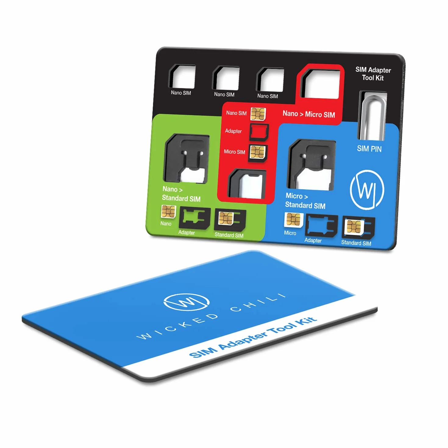 Wicked Chile 8in1 Micro Nano SIM Adapter Zestaw i standardowe karty + Pin do kart SIM do telefonu komórkowego, tabletu, routera WLAN, LTE Router podróżny, Surfstick(z etui podróżnym)