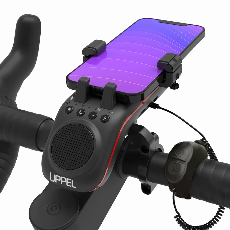 UPPEL Uchwyt rowerowy na telefon komórkowy z głośnikiem Bluetooth, powerbank 5000 mAh, dzwonek, mikrofon – wielofunkcyjny tryb TF/SD/AUX, do ekstremalnych i rekreacyjnych sportów rowerowych, rowerów