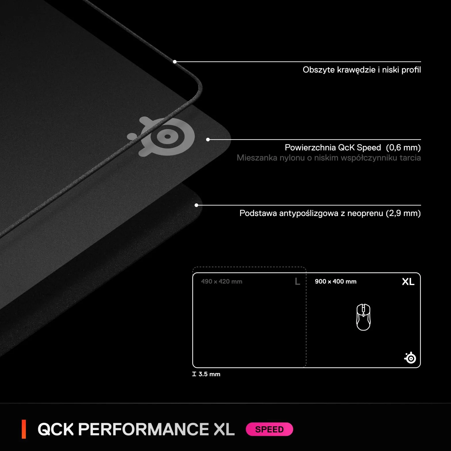SteelSeries, podkładka QcK XL Performance Speed - Dodatkowa gęstość dająca poślizg - Niskoprofilowe przeszycia krawędzi - Antypoślizgowa podstawa z neoprenu - Rozm. 900 x 400 mm - FPS, MOBA, RTS, MMO