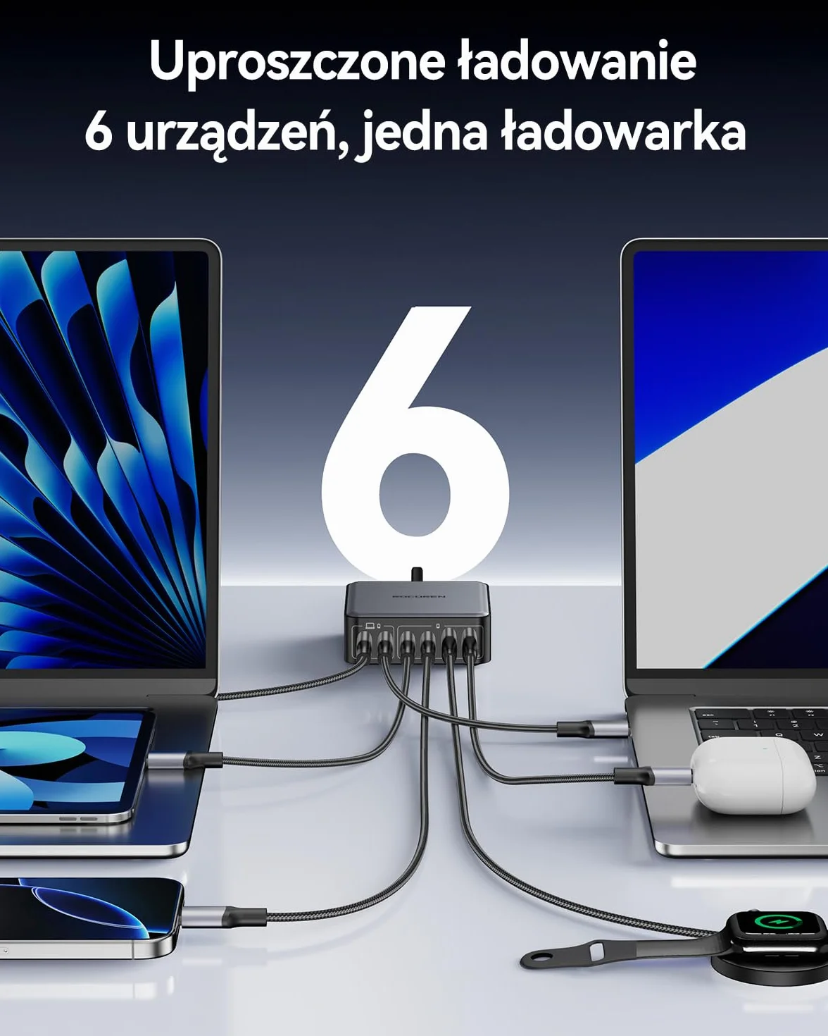 Rocoren Ładowarka USB C 270 W GaN 6-portowa PD 100 W QC4.0 PPS do MacBook Pro Air iPhone 16 15 14Pro Galaxy S25 S24