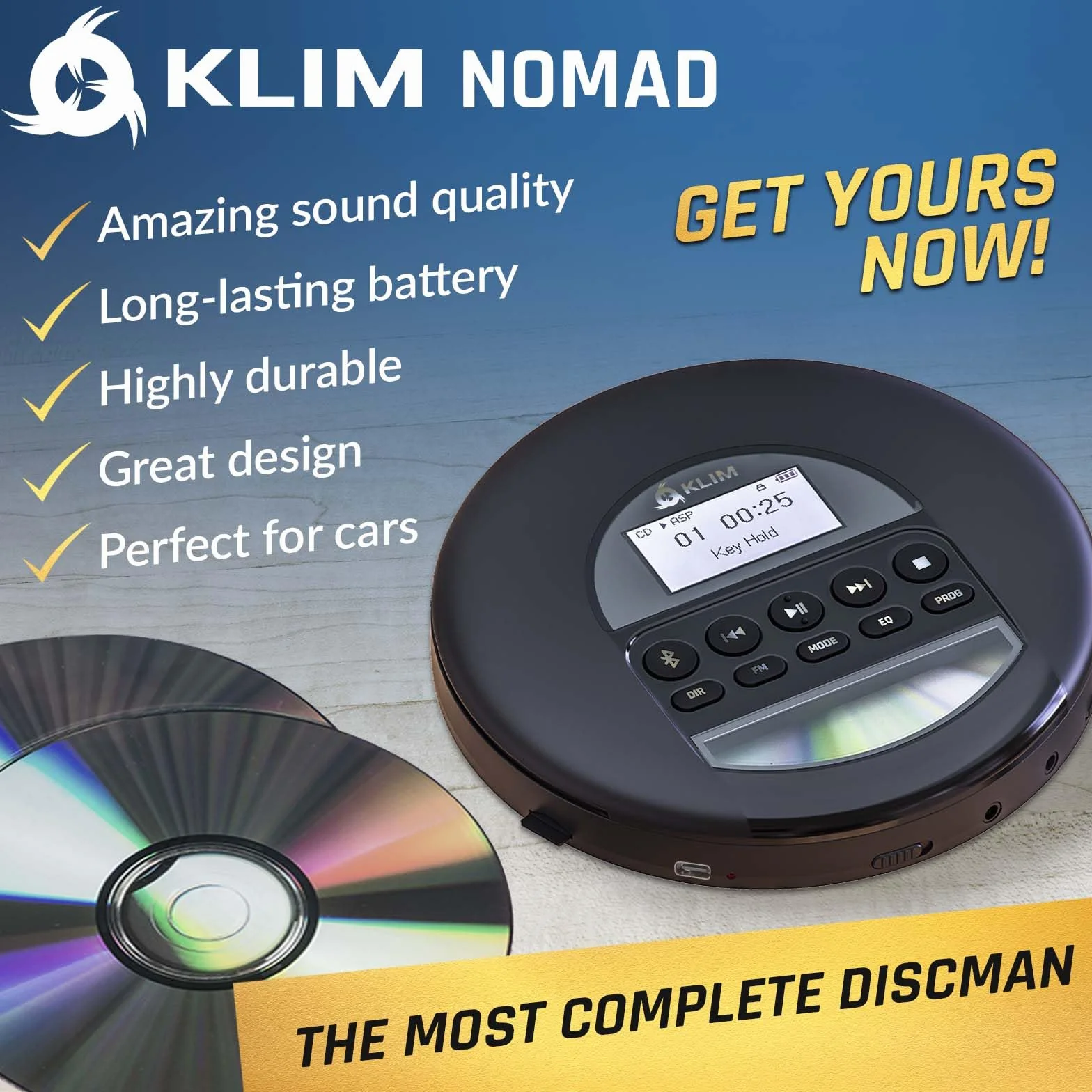 KLIM Nomad Discman przenośny odtwarzacz CD z długotrwałą baterią, ze słuchawkami, radio FM, kompatybilny odtwarzacz MP3, CD, radio FM, Bluetooth, idealny do samochodów, nowa wersja, kolor srebrny
