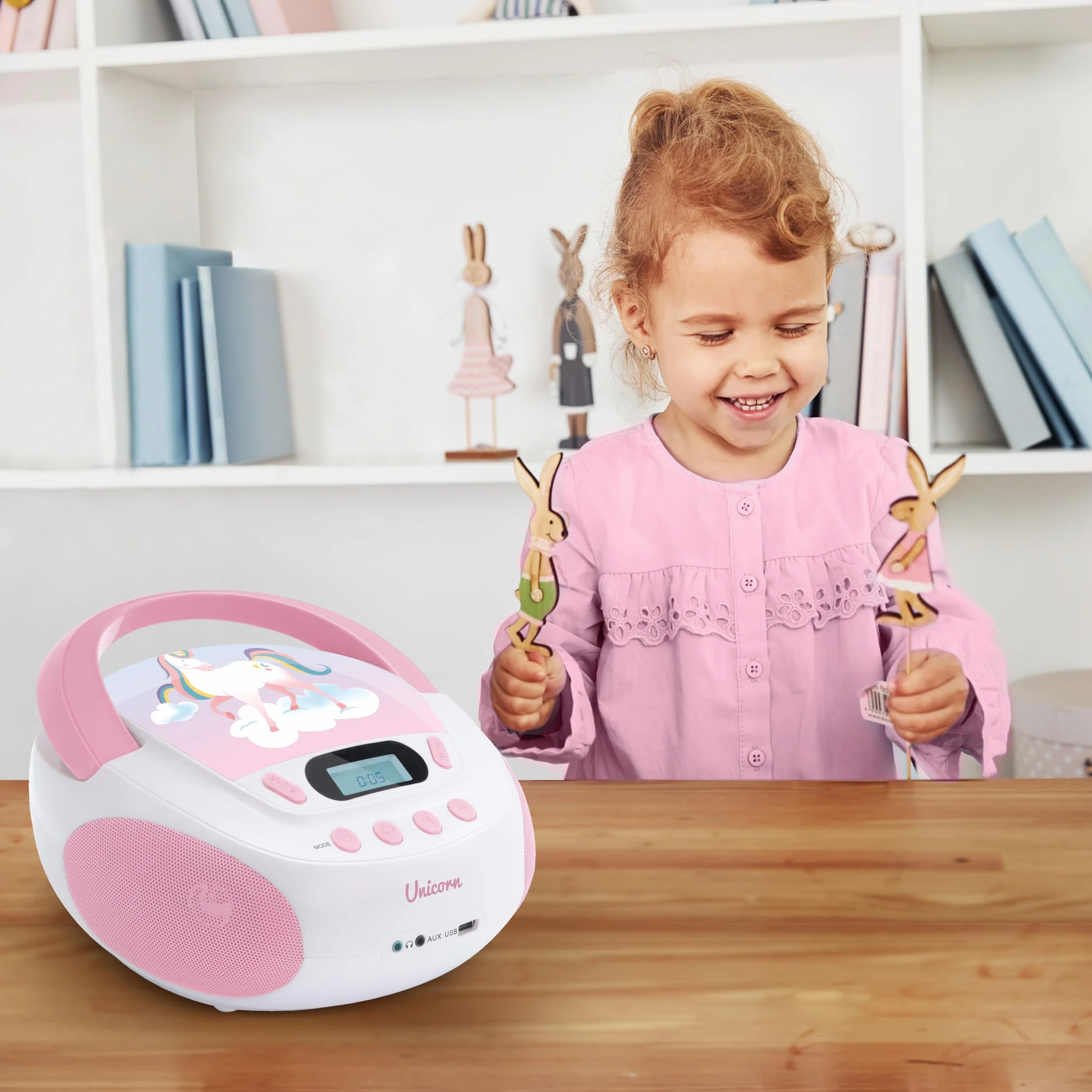 MOOOV 477407 odtwarzacz CD jednorożec dla dzieci, z portem USB