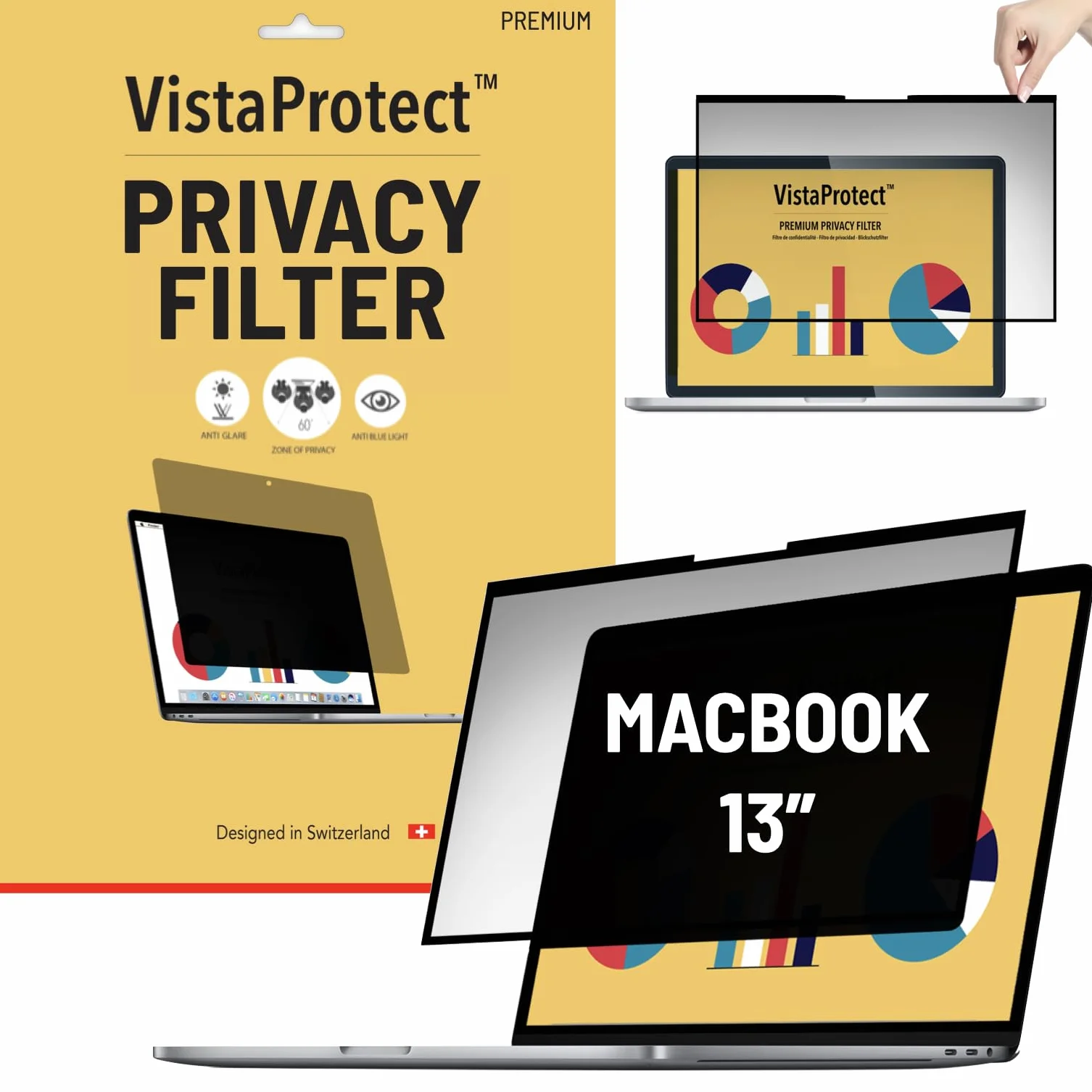Vistaprotect - Filtr prywatności Premium i filtr przeciw niebieski. Protektor ekranu magnetycznego Kompatybilny z Apple MacBook Air (M1 2021+) i MacBook Pro 13 (2019+)