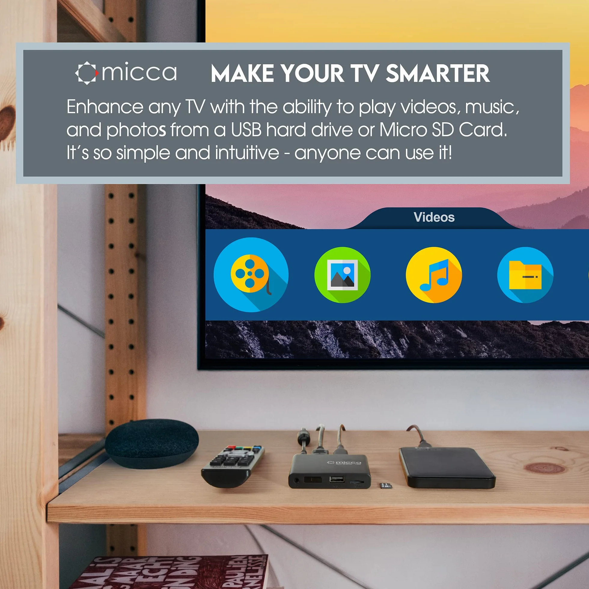 Micca Speck Cyfrowy odtwarzacz multimedialny 4K Ultra-HD do napędów USB i kart MicroSD, Digital Signage, H.265/HEVC H.264/AVC MP4 MKV, MP3, muzyka, zdjęcia JPG, 4K HDMI, analogowe AV, automatyczne