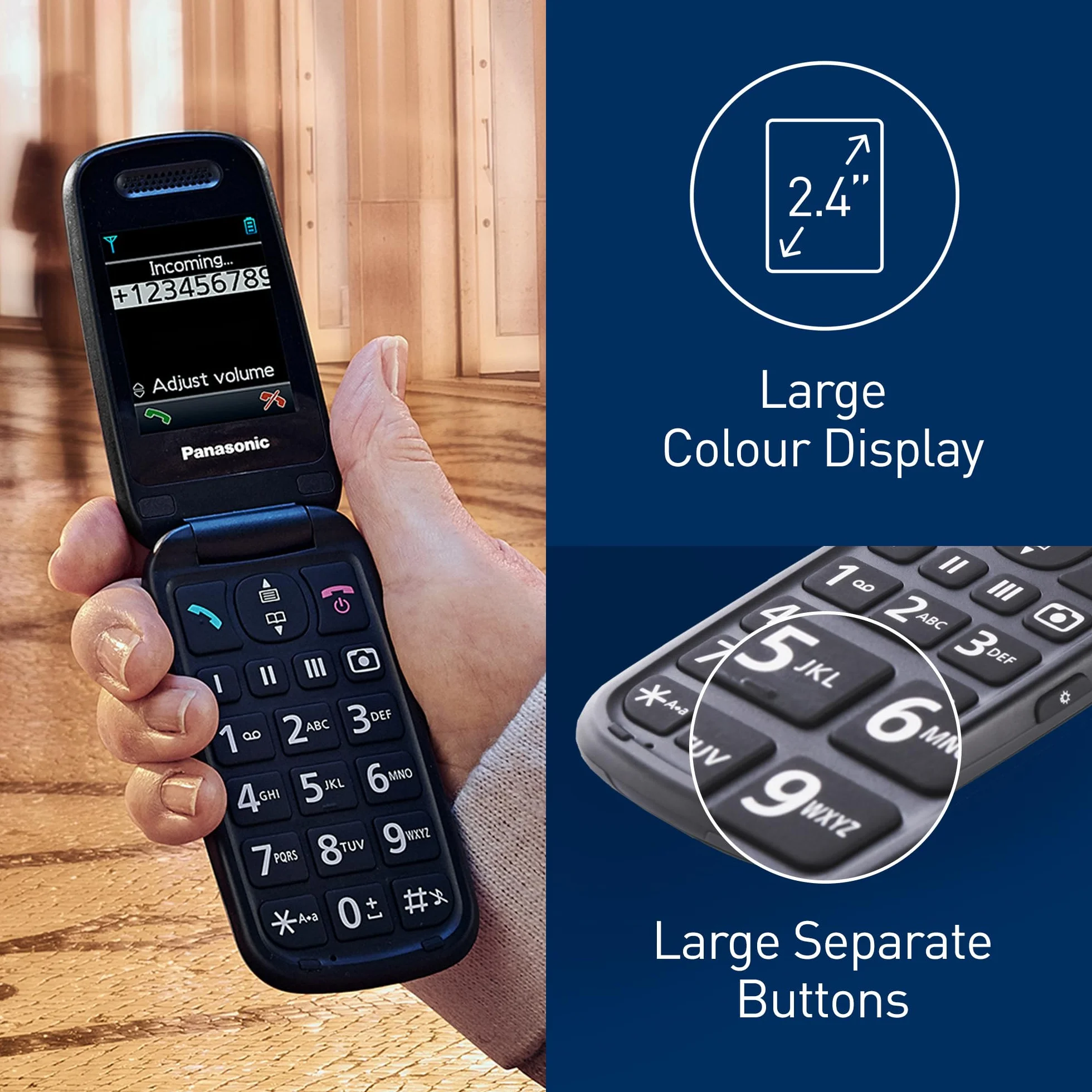 Panasonic KX-TU446 telefon z klapką wyświetlacz 2.4" odporność na wstrząsy szary