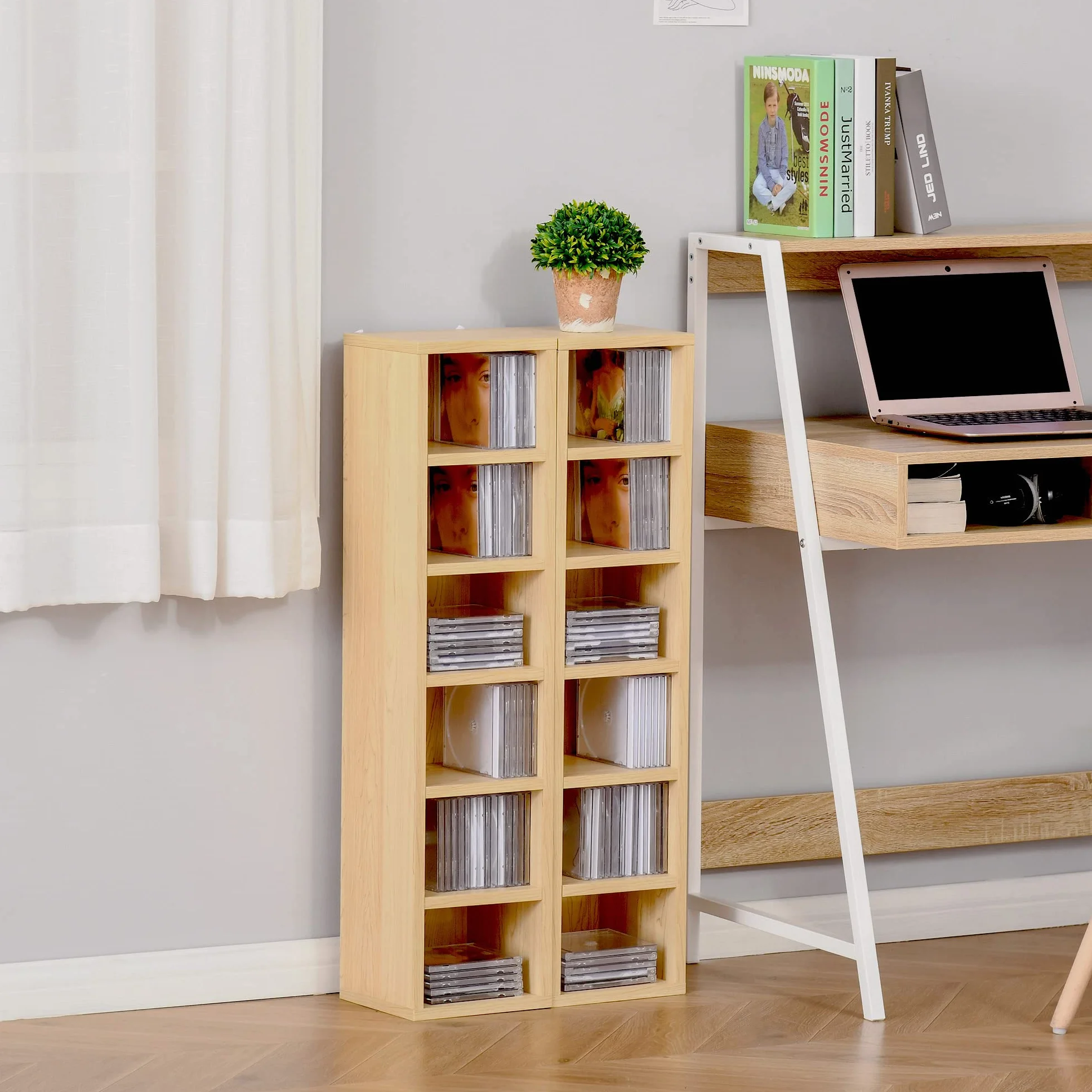 HOMCOM Zestaw 2 regałów kolumnowych, szafka na płyty CD DVD, 6+6 przegródek, 21x19x88 cm, maks. 160 płyt CD, kolor buk