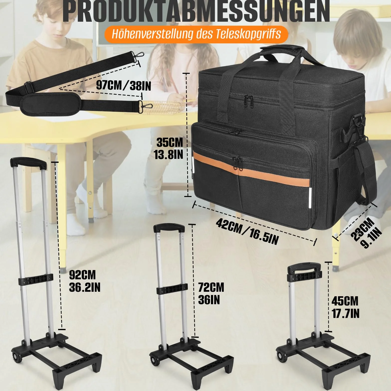SUNDOY Torba robocza dla nauczycieli z wysuwaną kieszenią na laptopa do 17,3", Czarny i brązowy., 42x23x35-ZM, pepitka