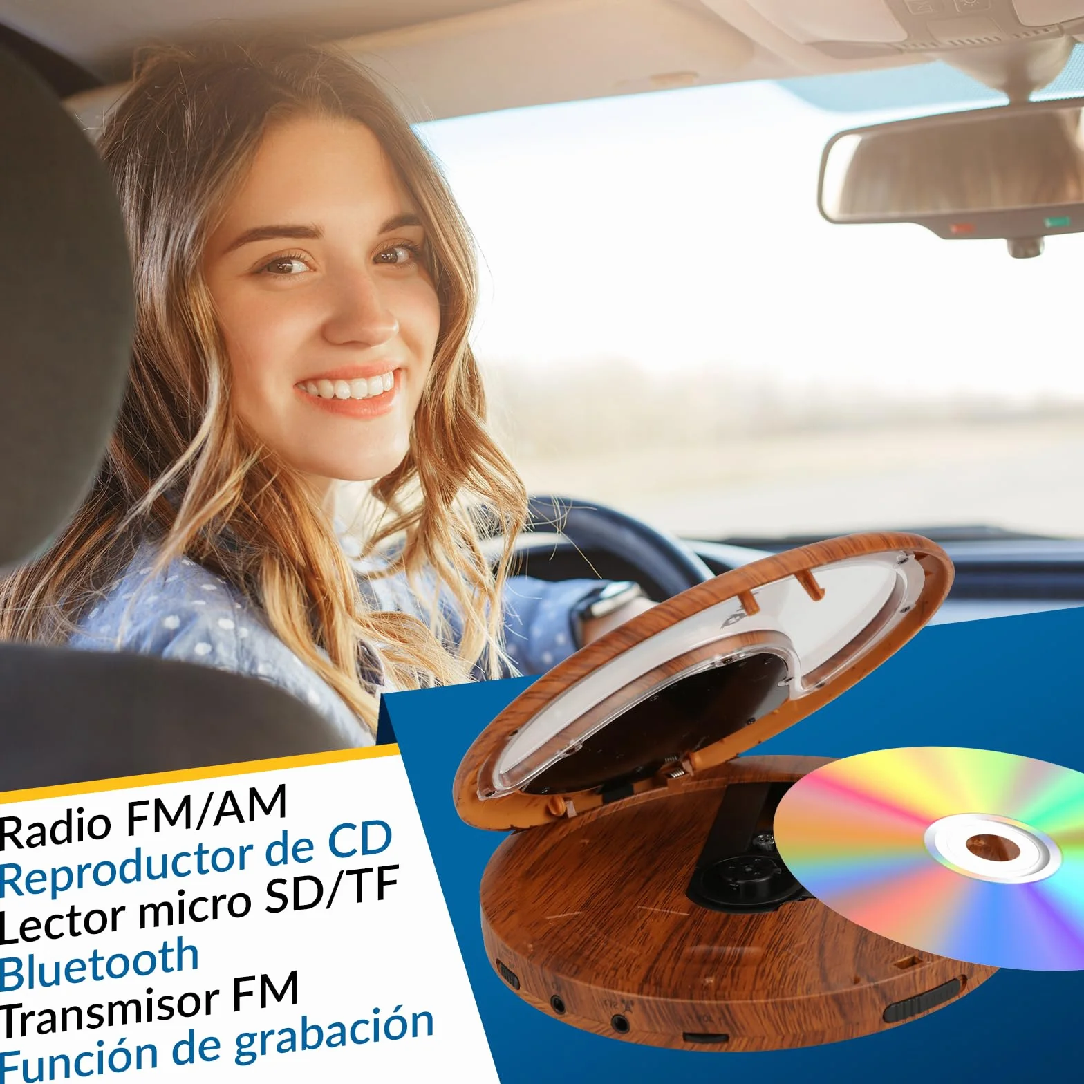 KLIM Discover Wood - Przenośny odtwarzacz CD z długotrwałą baterią - Nowy - ze słuchawkami - Radio FM - Przenośny odtwarzacz CD MP3 - Karta SD, nadajnik FM, Bluetooth - Idealny do samochodów