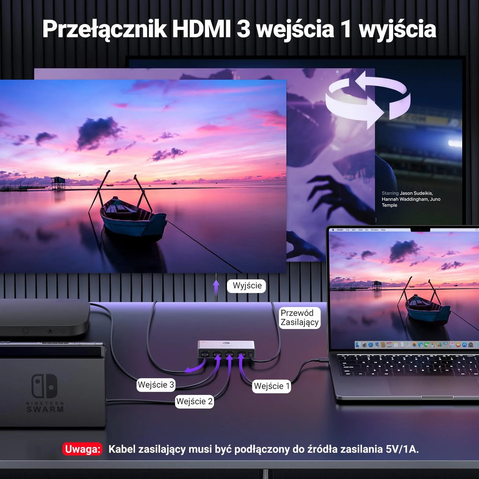 UGREEN Przełącznik HDMI 2.1, rozdzielacz HDMI 4K przy 120 Hz, wyjście 3 w 1, 8K przy 60 Hz, obsługa HDCP 2.3, VRR i ALLM, Dolby Vision i Atmos, wysoka prędkość 48 Gb/s dla PS5, Xbox, TV Box