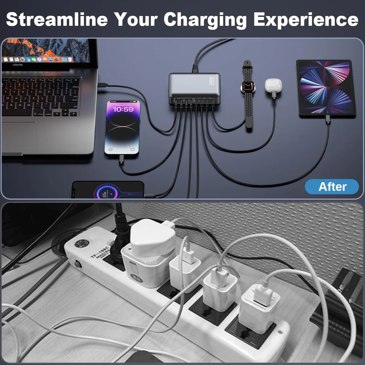 Ładownica USB C 200W 8-portowy Gan Fast Charging Station Hub PD 65W ON/OFF Switch