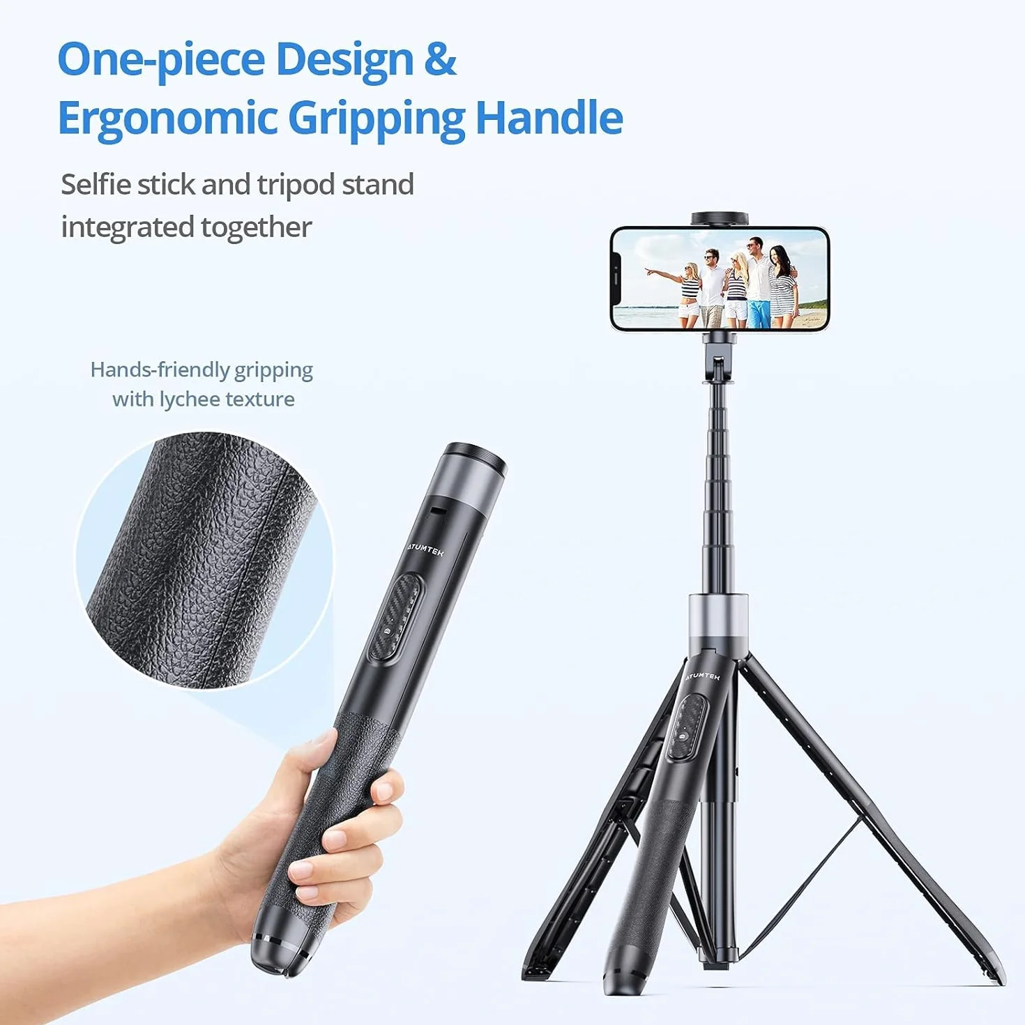 ATUMTEK kijek do selfie o długości 150 cm, z wytrzymałego aluminium i antypoślizgowymi nóżkami do telefonów iPhone/telefonów z systemem Android, do selfie, nagrywania wideoblogów i transmisji na żywo