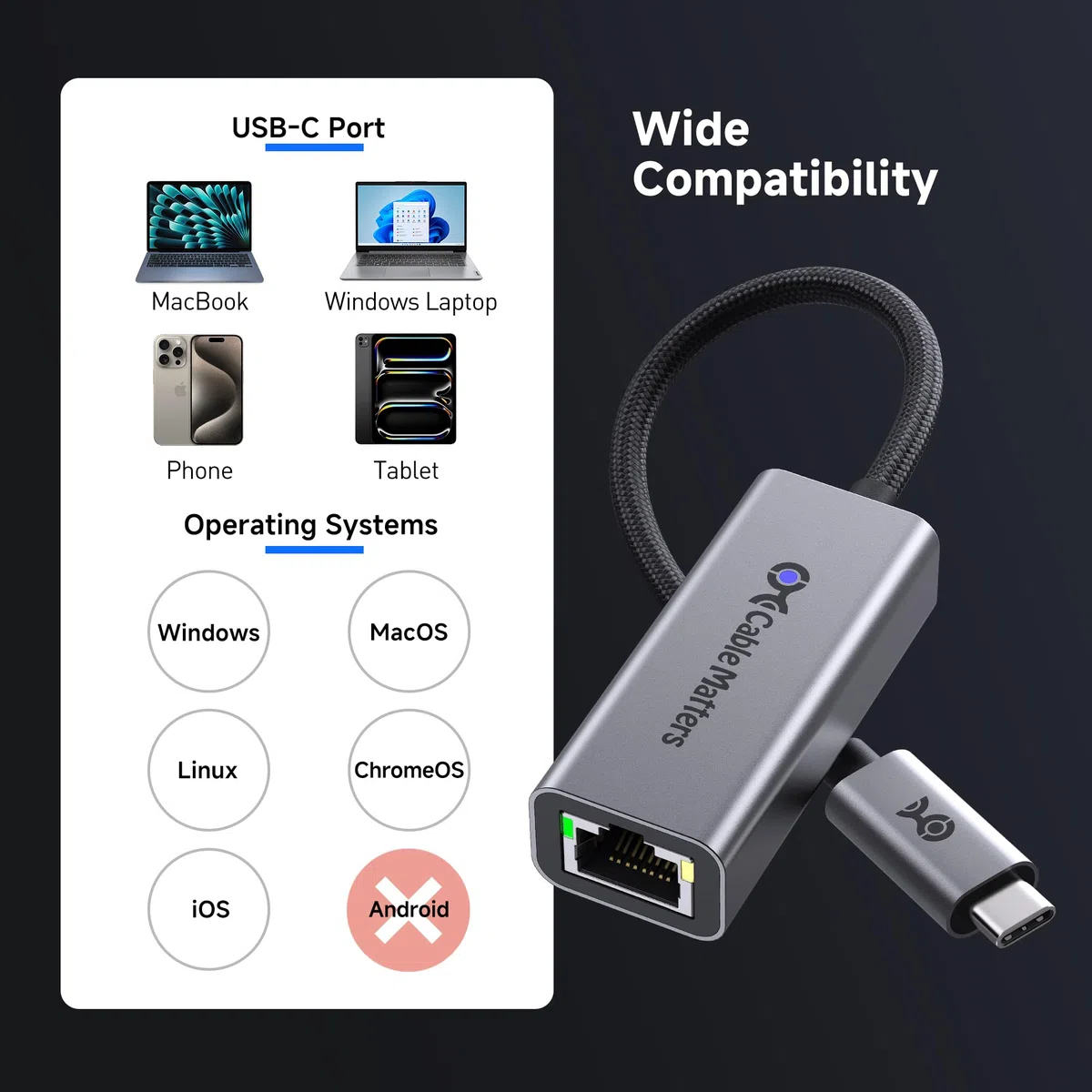 Cable Matters Adapter Ethernet USB C na 5 GB, prędkość sieci 5 gigabitów, adapter USB C na Ethernet, kompatybilny z USB 4, Thunderbolt 4/5, Plug & Play do MacBooka, laptopa i urządzeń USB C