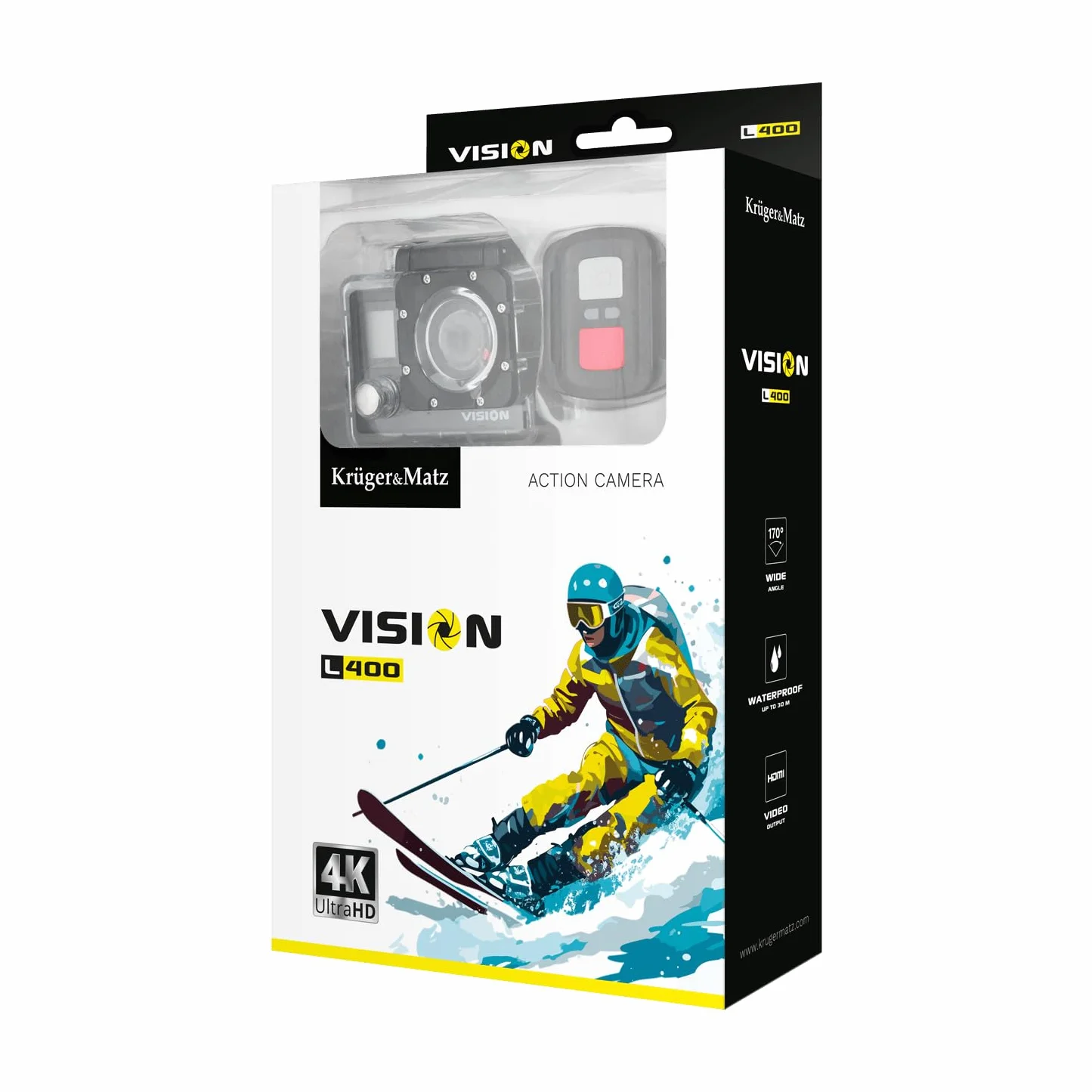 Krüger&Matz Kamera Sportowa 4K 30 FPS Vision L400 1 GB RAM Wyświetlacz 2” 320 x 240 px Wi-Fi Mikrofon Wodoszczelna Obudowa Slow Motion KM0291