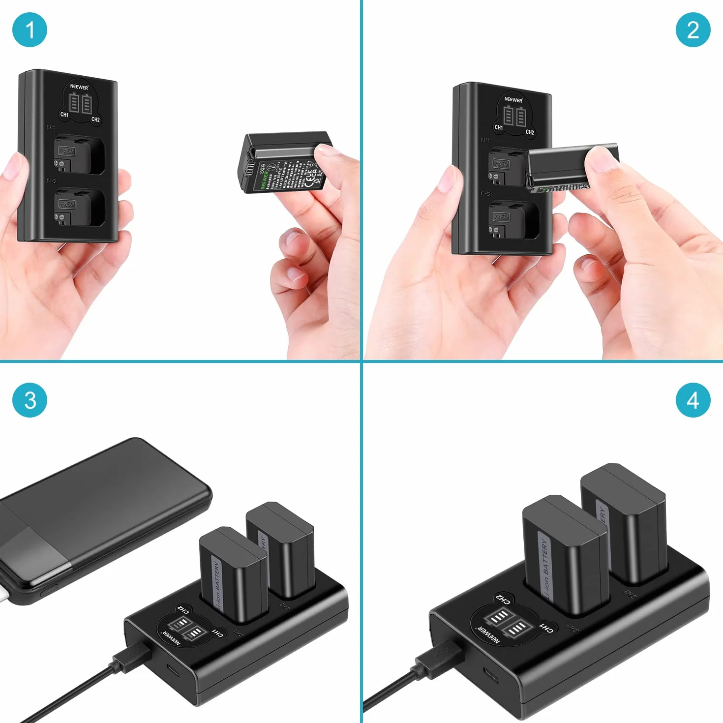 NEEWER NP-FW50 Ładowarka do aparatu Zestaw do Sony ZV-E10 A7 A7R A7RII A7II A7SII A7S RX10 Series (2 szt. 1100 mAh Micro USB Wymienne baterie i podwójne wejście typu C ładowarka)