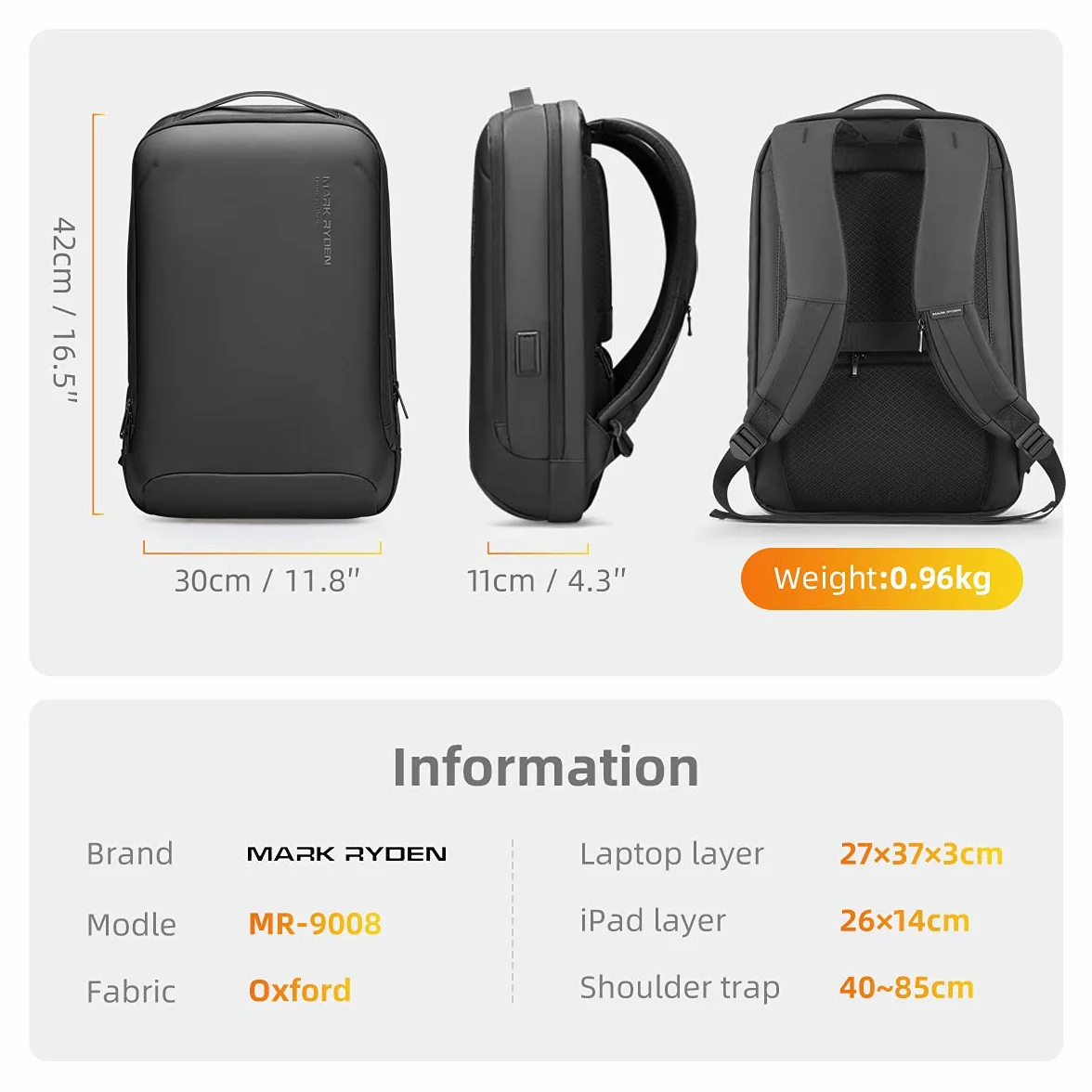 MARK RYDEN Plecak na Laptopa, Wodoodporny 15,6 cala Torba na Laptopa z Portem ładowania USB torba Robocza Antykradzieżowy Plecak Podręczny Easyjet plecak dla mężczyzn, kobiet
