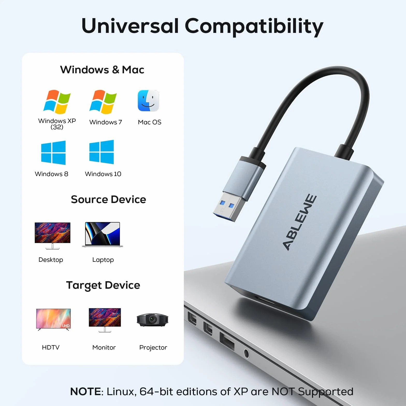ABLEWE Adapter USB na HDMI, ulepszony aluminiowy konwerter kabla audio wideo grafiki HDMI na USB 3.0 do PC laptop monitor projektor TV, adapter 2.0-na Mac OS, Windows 10/8.1/8/7