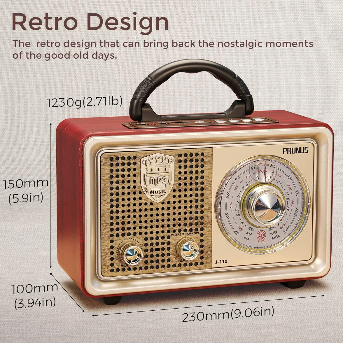 Radio PRUNUS J-110 AM/FM/SW w stylu retro z Bluetooth, nostalgiczne radio z 3 opcjami zasilania, obudowa imitująca drewno, głośnik 5 W z wzmocnionym basem, obsługa USB/TF/AUX.