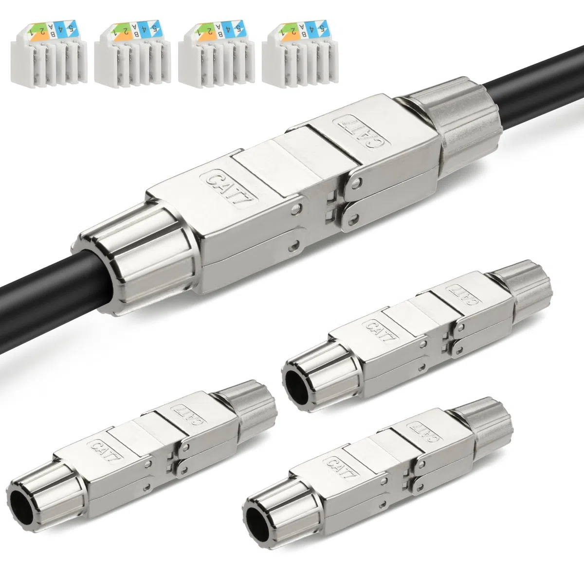 AXFEE 4-pak złączy RJ45, moduł przyłączeniowy łącznika Cat7, złącze Ethernet 8P8C, ekranowany przedłużacz sieciowy, adapter złącza LSA, modułowe złącze wtykowe do kabla Ethernet